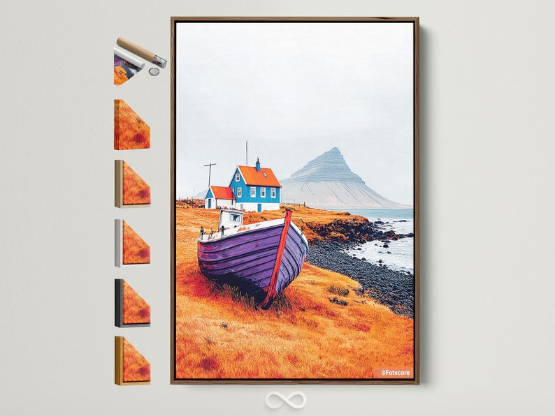 Stylised coastal landscape with a purple boat, blue house, rocky shoreline, waves and distant mountain