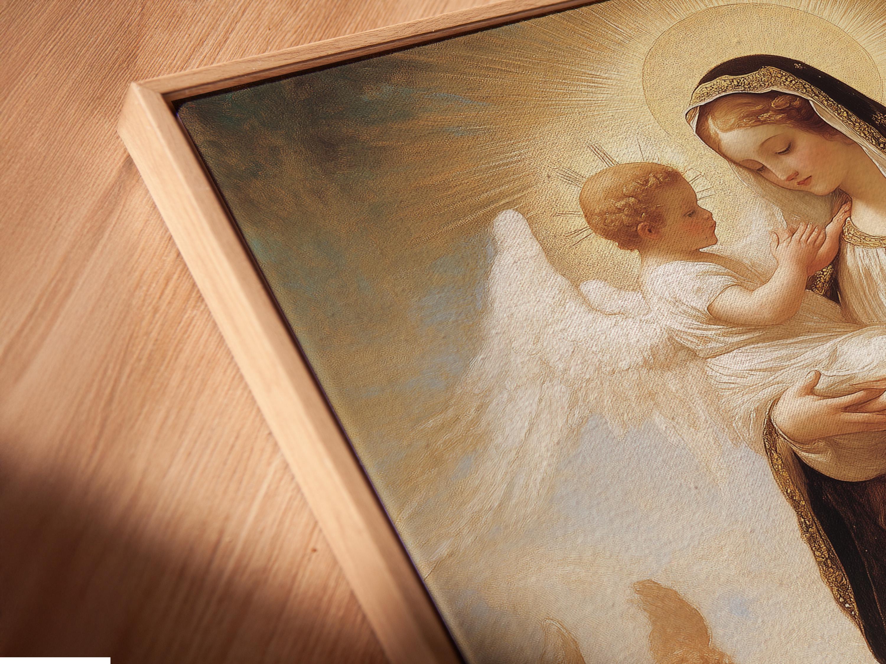 Portrait religious painting of a haloed woman holding a child with angel wings and praying figures detail view