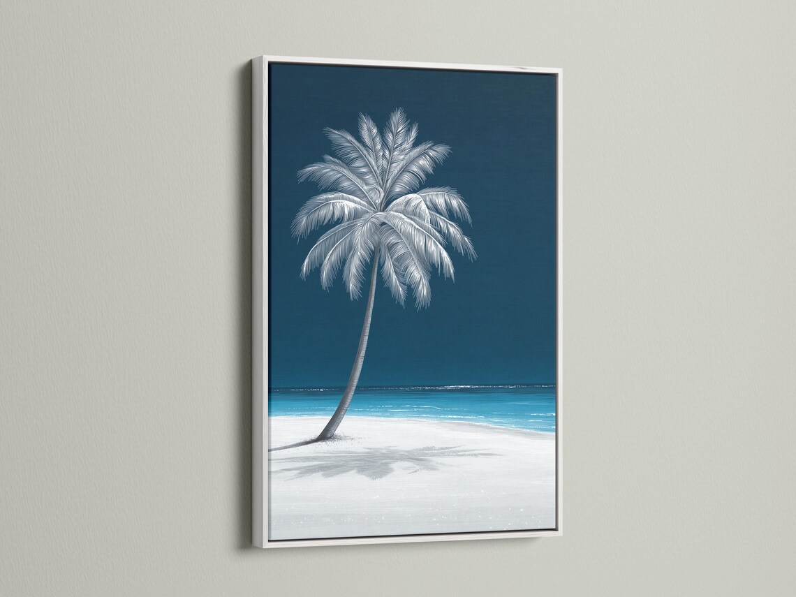 Room mockup showing framed palm tree seascape artwork