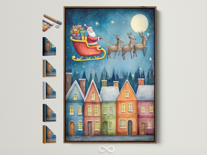 Illustrated Christmas night scene of Santa flying a sleigh with reindeer over a snowy town with glowing windows
