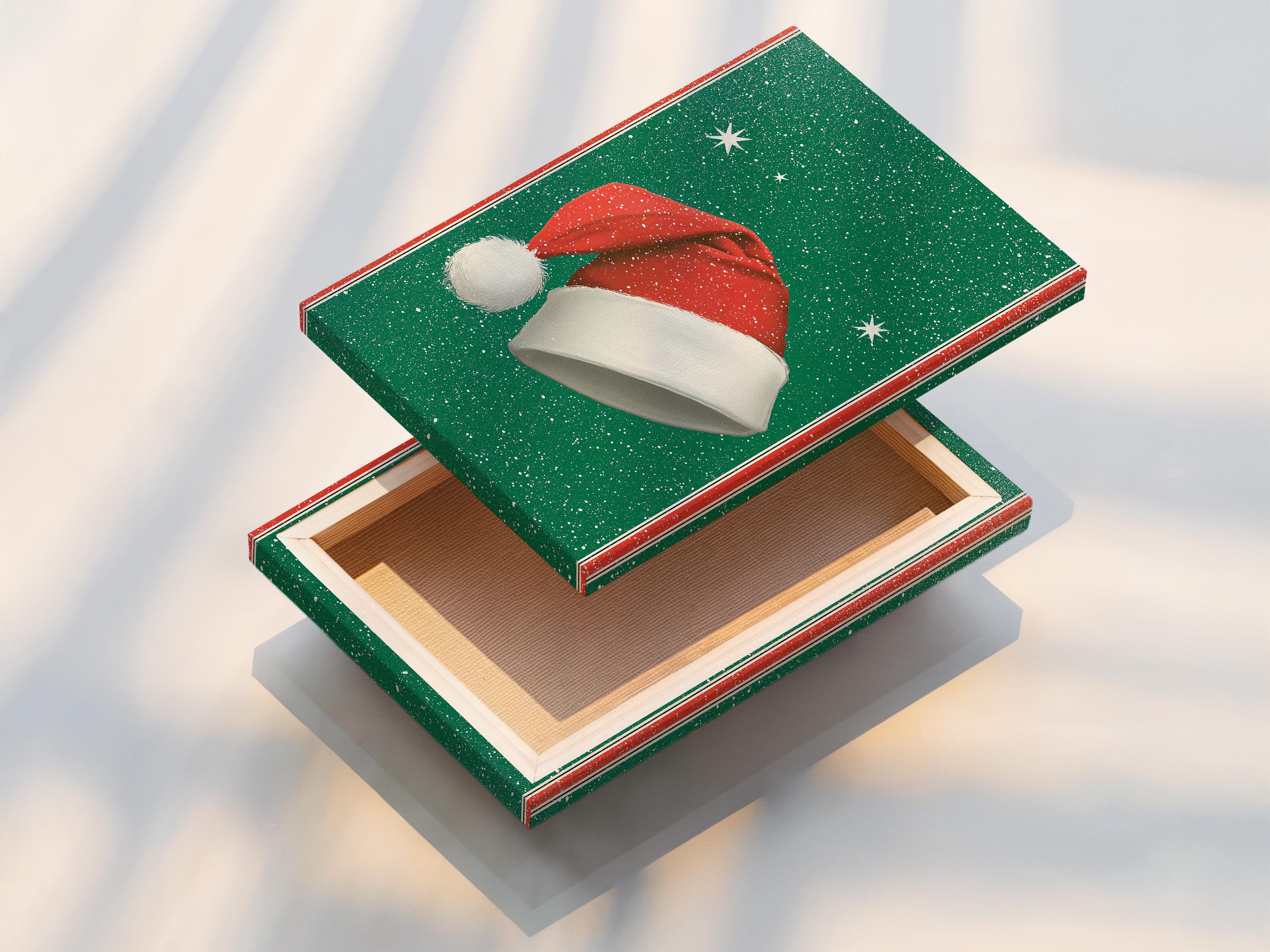 Room mockup featuring a framed Santa hat artwork on an emerald green speckled background