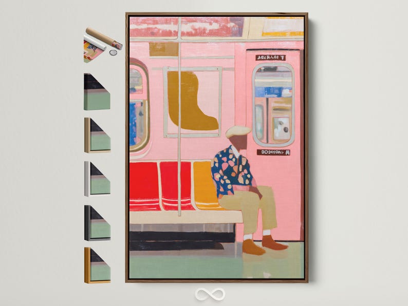 Stylised pink subway carriage scene with a seated passenger by window frames