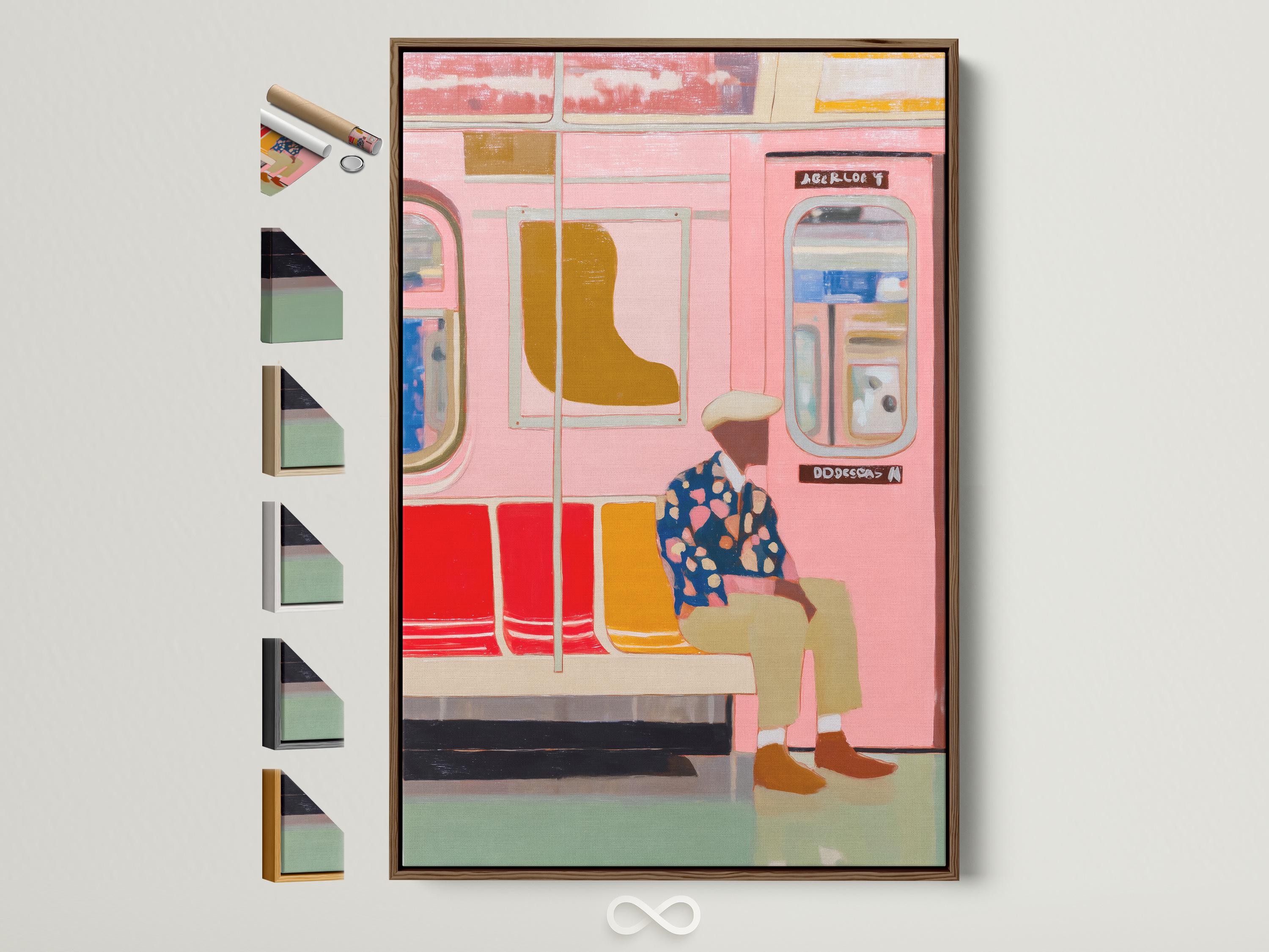 Stylised pink subway carriage scene with a seated passenger by window frames