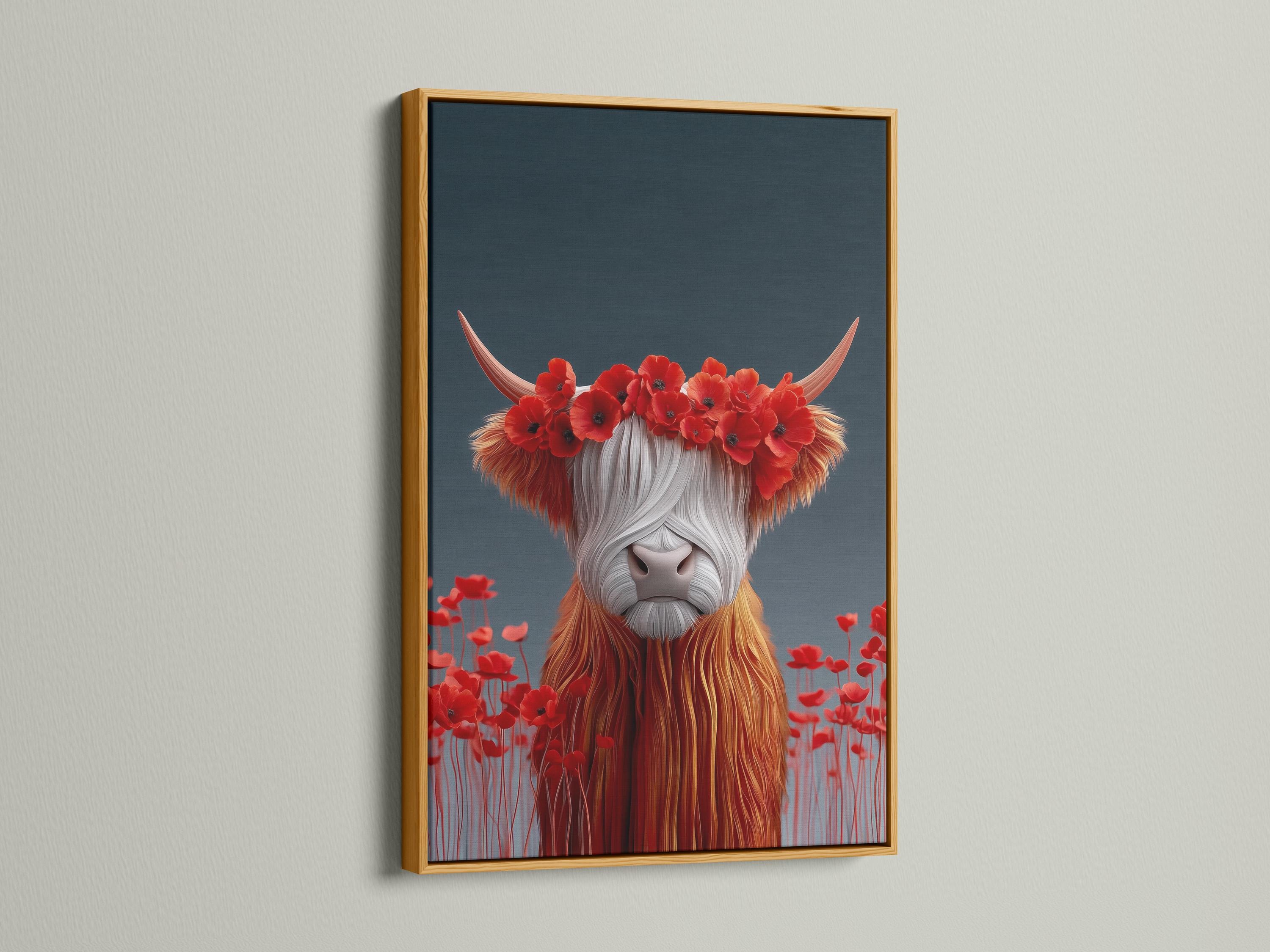 Room mockup featuring a framed stylised Highland cow with red poppy flower crown