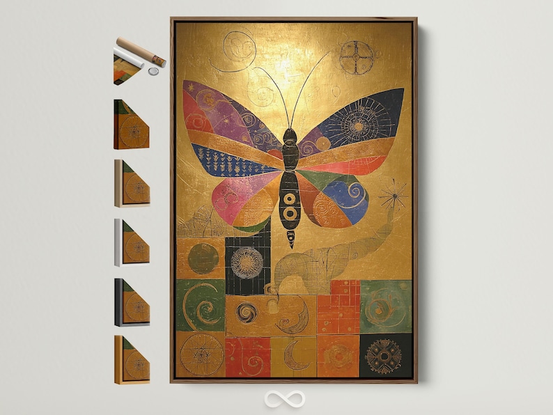 Stylised gold butterfly artwork with colourful segmented wings and geometric patterns
