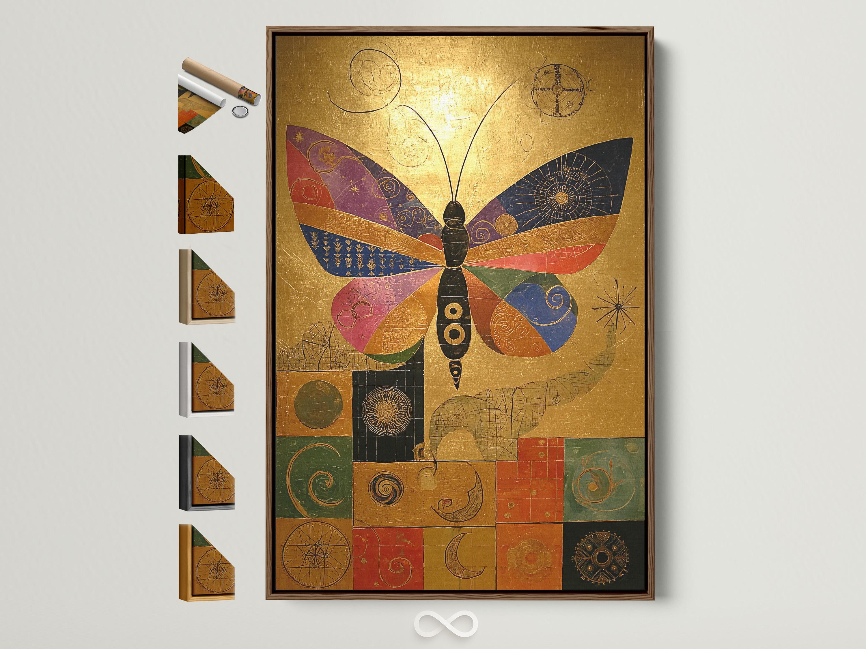 Stylised gold butterfly artwork with colourful segmented wings and geometric patterns