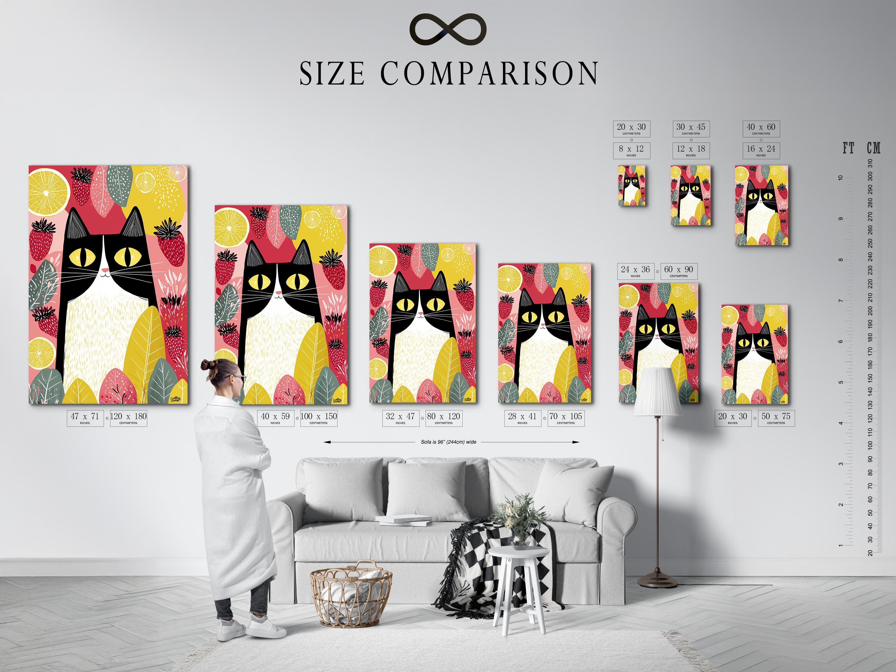 Illustrated black cat with yellow eyes surrounded by strawberries, citrus slices and leaves detail view