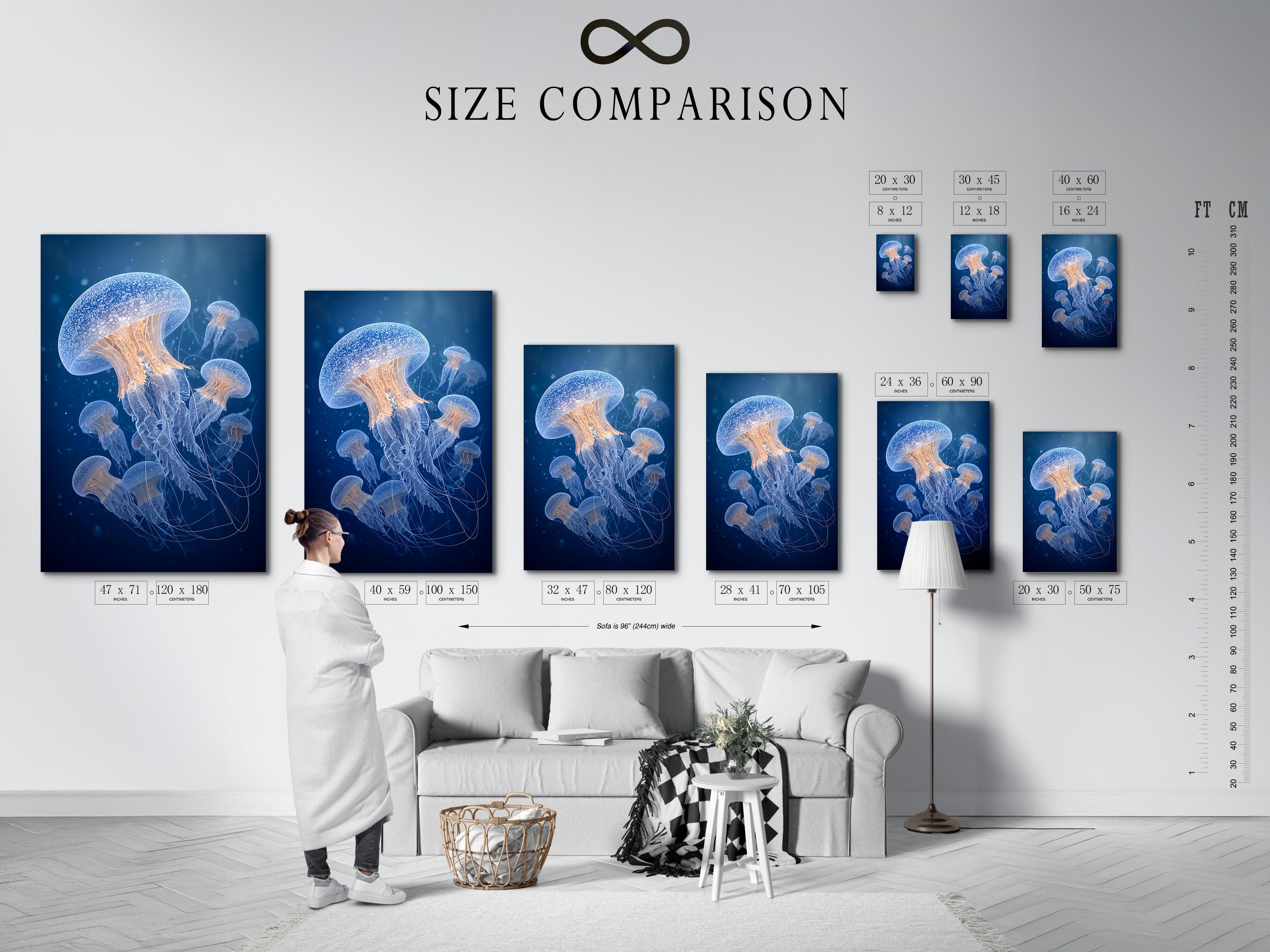 A framed artwork showing blue jellyfish on a deep navy ocean background