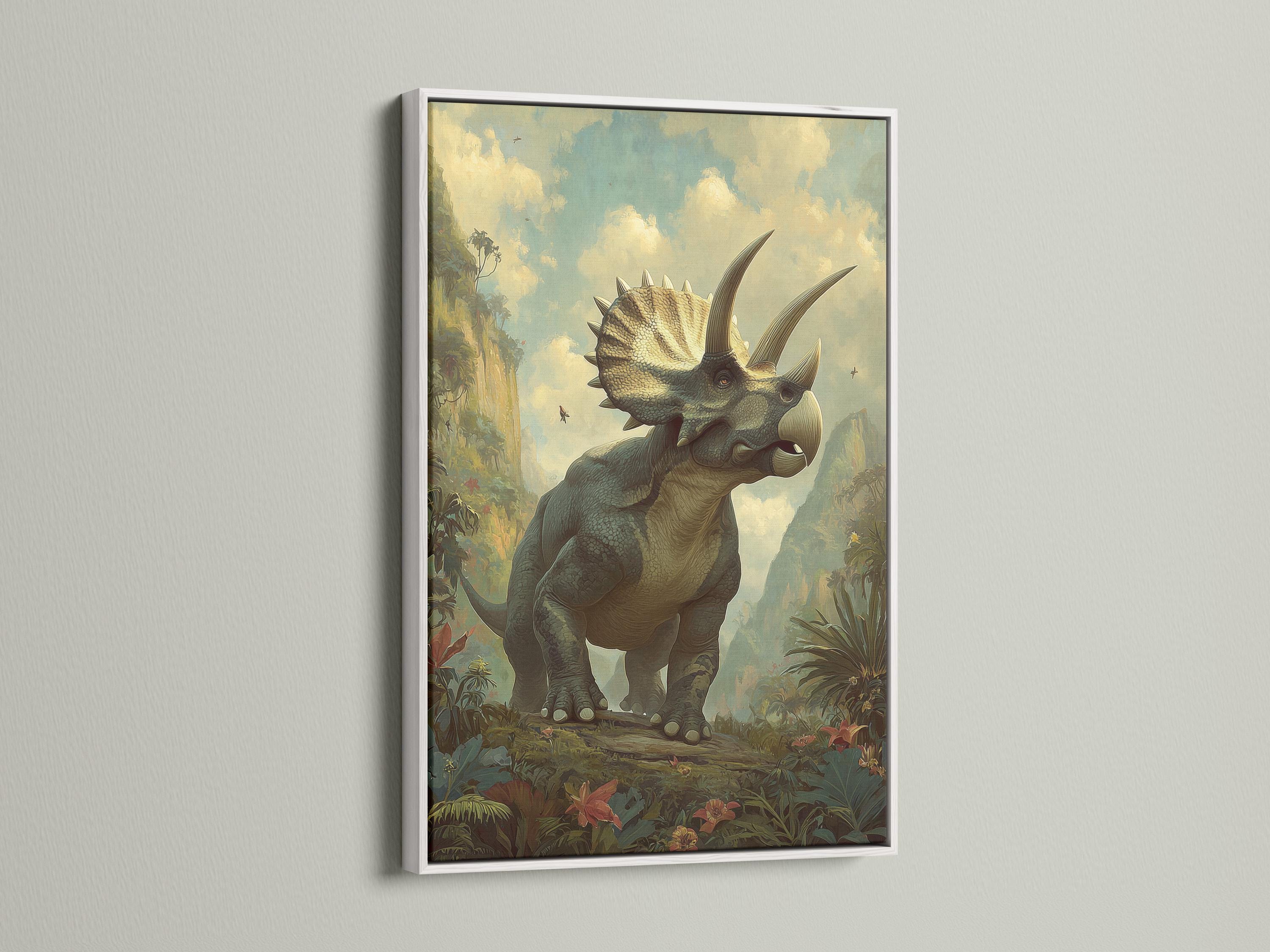 Triceratops standing in a prehistoric jungle with muted green foliage and a pale sky detail view