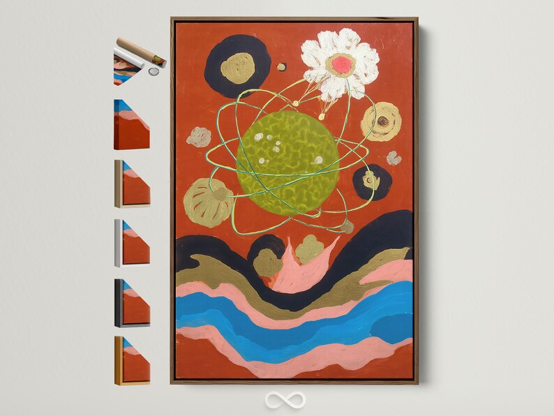 Burnt orange abstract artwork with a mottled green oval, turquoise looping lines, and a white flower with pink centre
