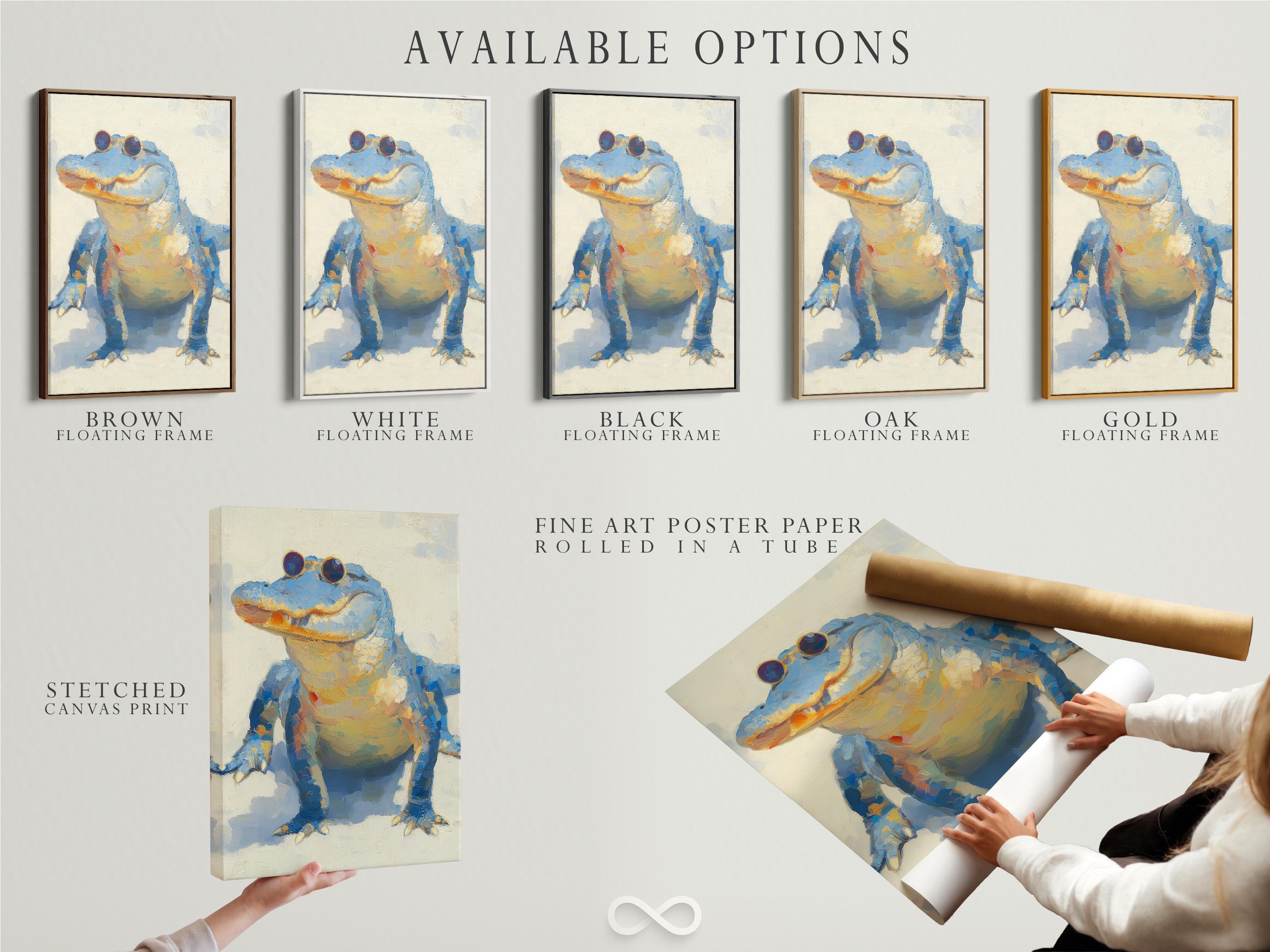 Blue alligator illustration wearing round sunglasses on a cream textured background detail view
