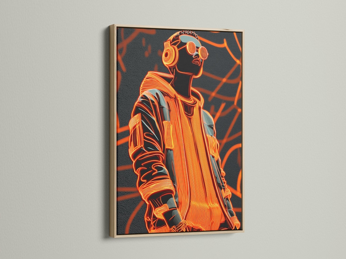Portrait artwork mockup on a wall with dark grey and neon orange colours