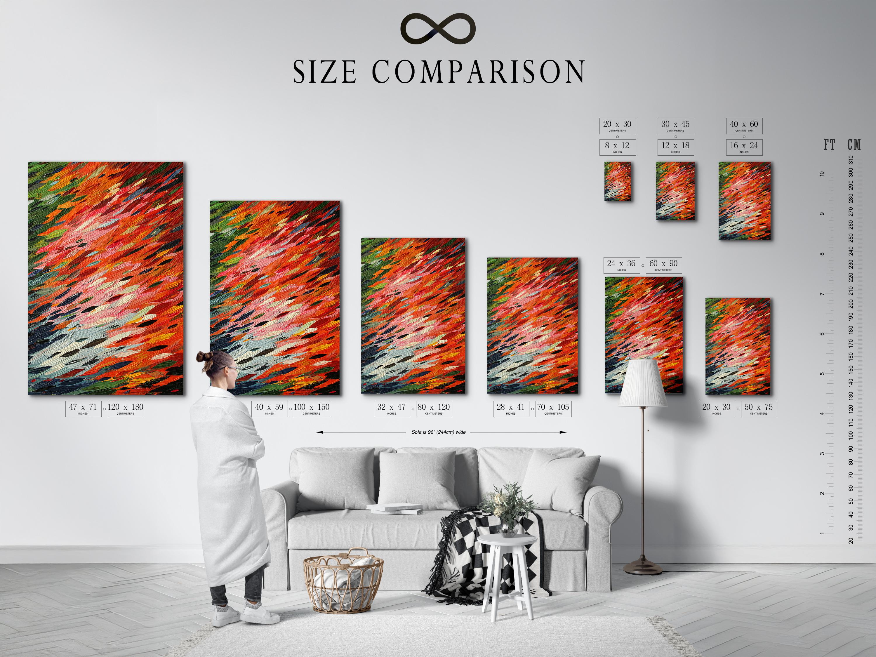 Abstract painting with orange-red, pink, green and dark navy brushstrokes in diagonal layers detail view
