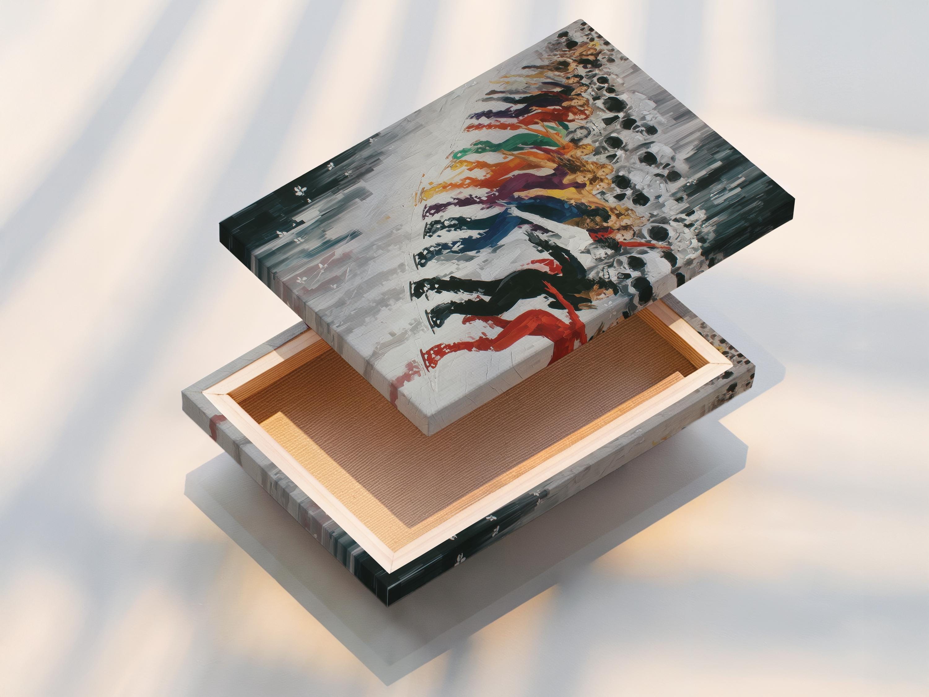 Skull skaters artwork displayed in a framed wall mockup with open background elements