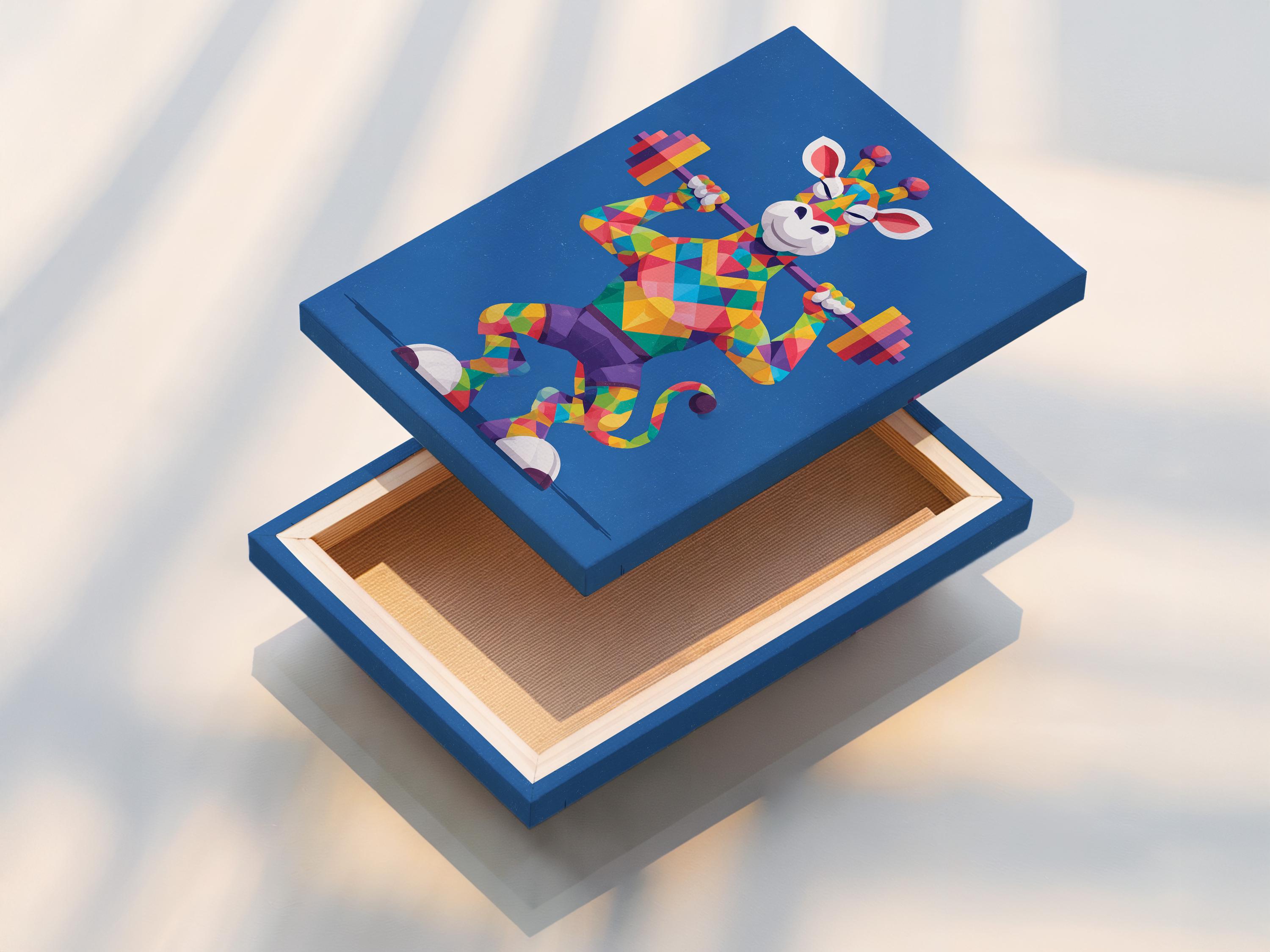 Geometric giraffe lifting dumbbells in bright multicolour polygons on a blue background detail view
