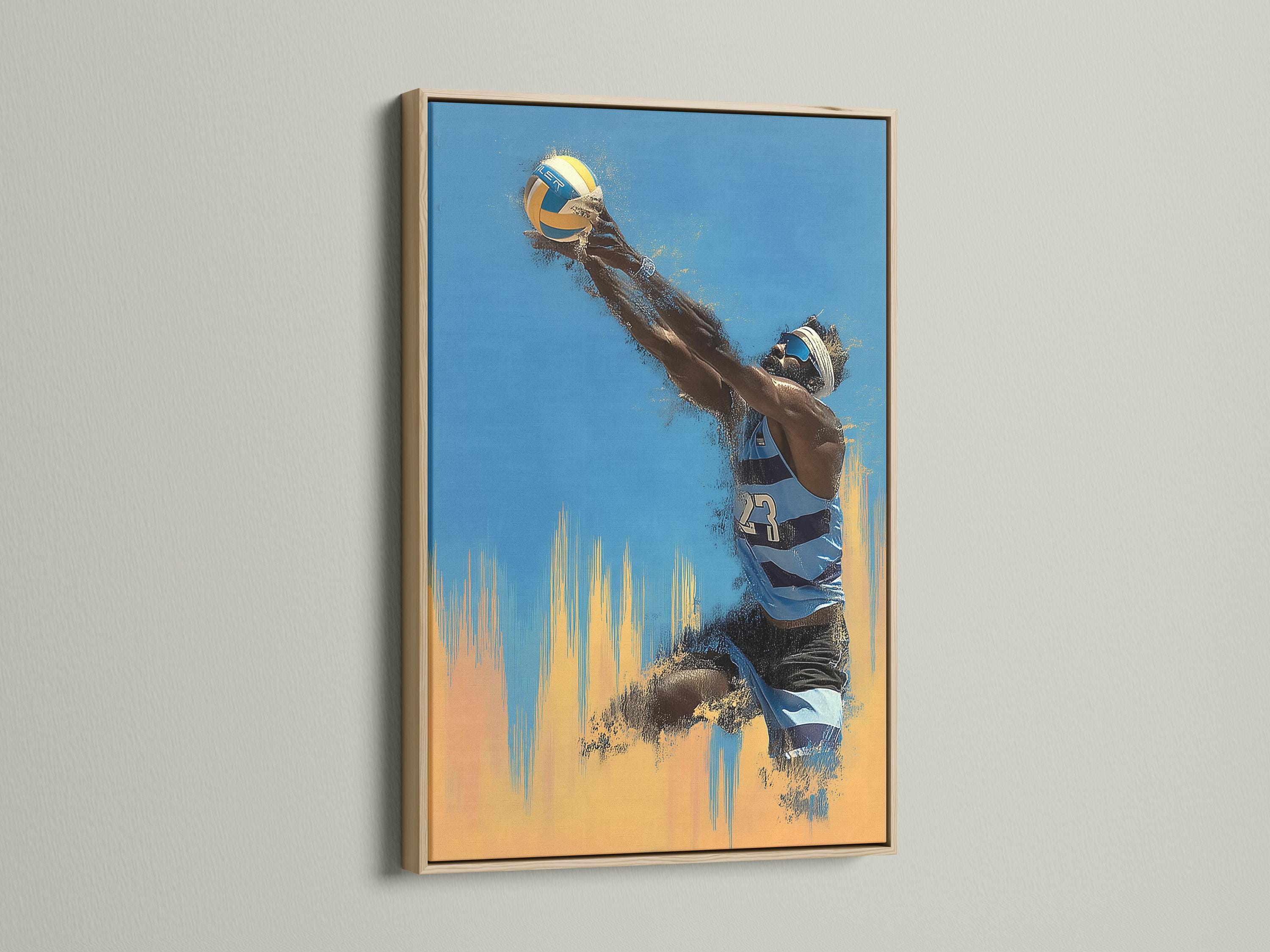 Volleyball player artwork in a dynamic pose with blue and sandy yellow paint splashes detail view