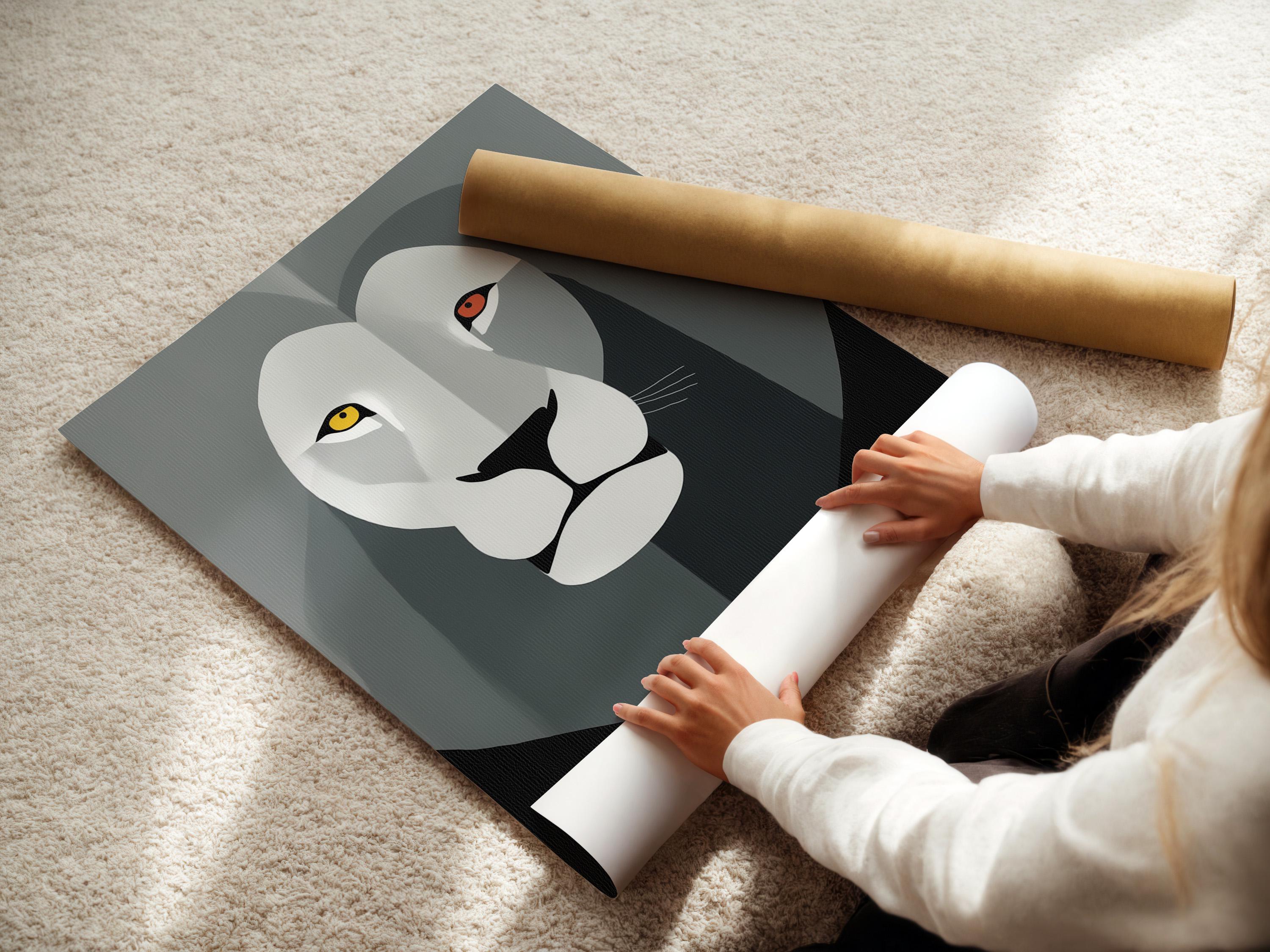 Geometric lion face artwork in grey and white with yellow and red eye accents detail view