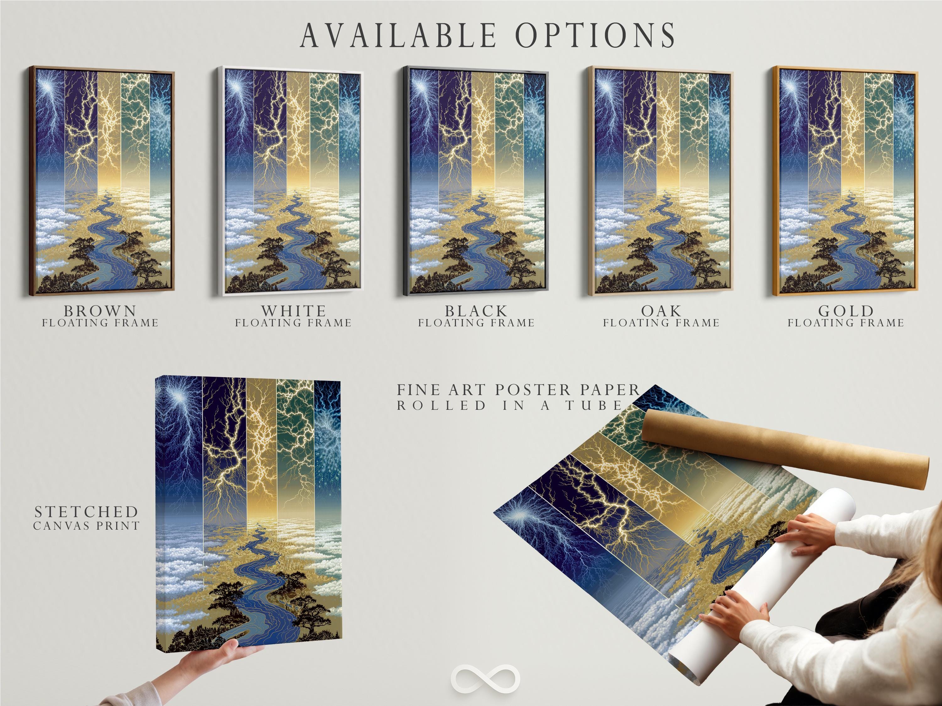 Blue and gold lightning river landscape with branching lightning bolts detail view