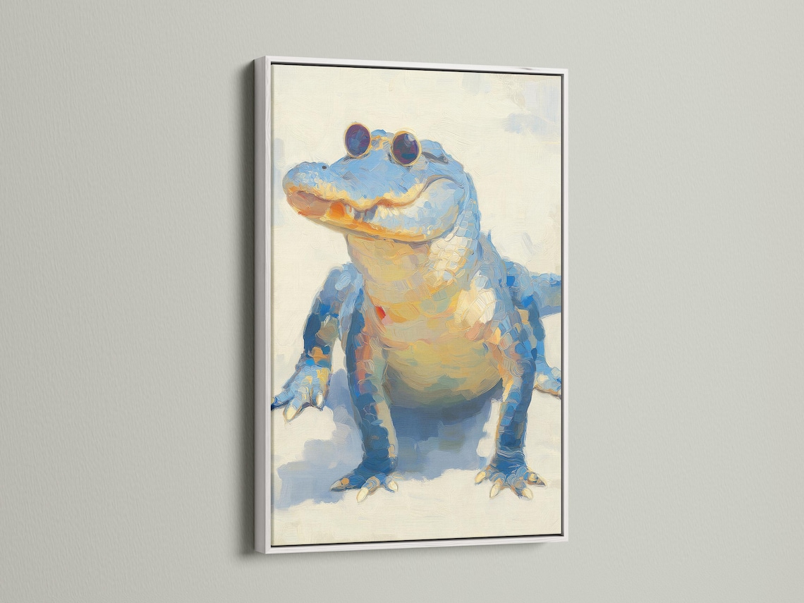 Blue alligator illustration wearing round sunglasses on a cream textured background detail view