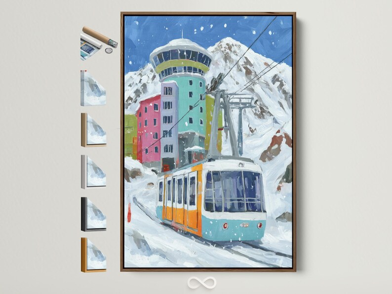 Painterly cable car gondola in a snowy alpine mountain scene with colourful buildings and falling snow