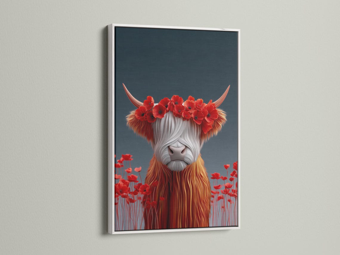 Room mockup featuring a framed stylised Highland cow with red poppy flower crown