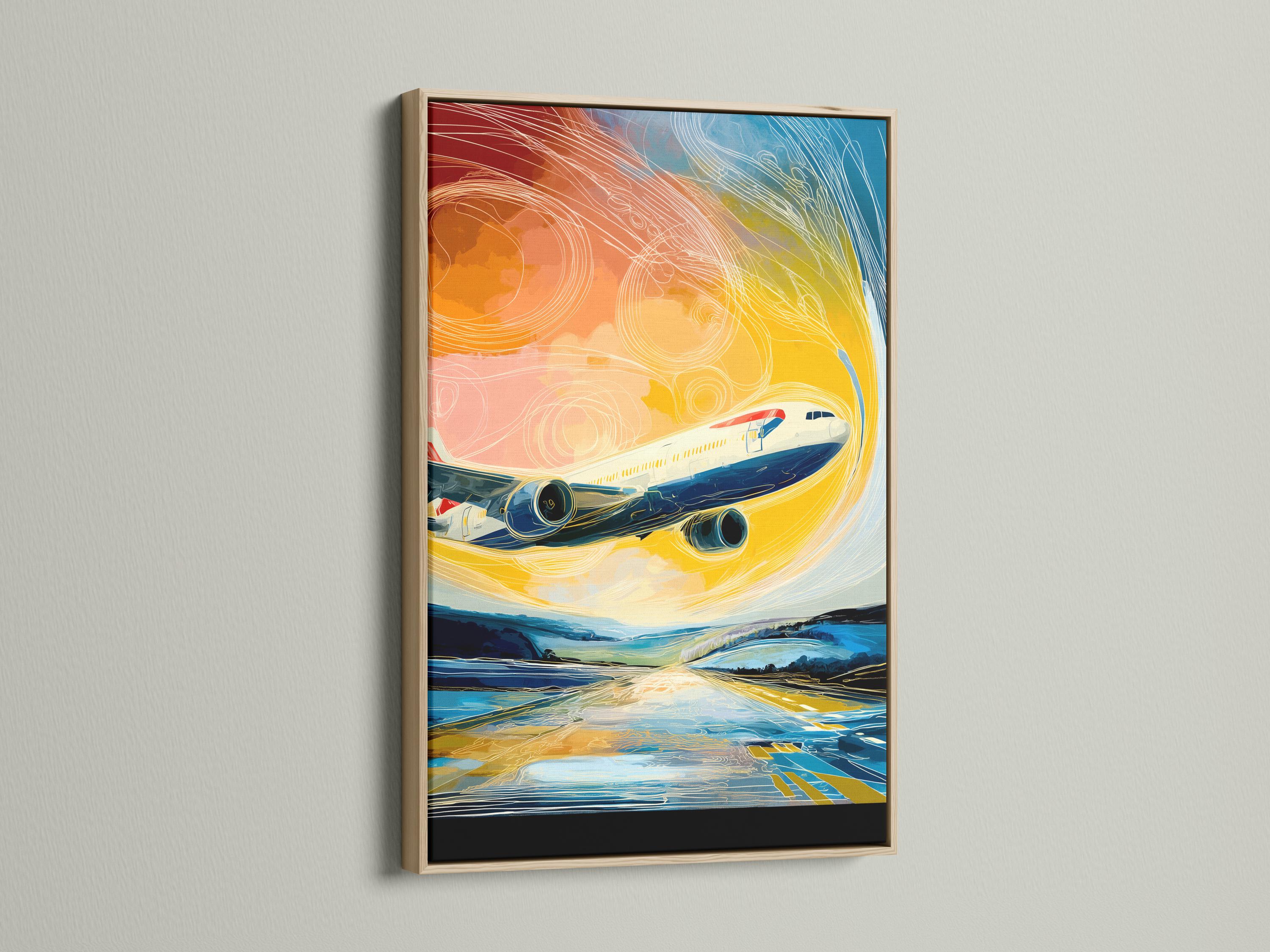 Stylised airplane illustration with swirling yellow, orange and blue lines detail view