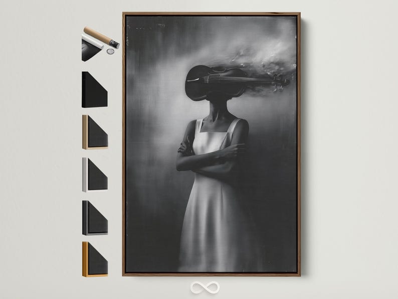 Monochrome double-exposure portrait of a woman holding a violin