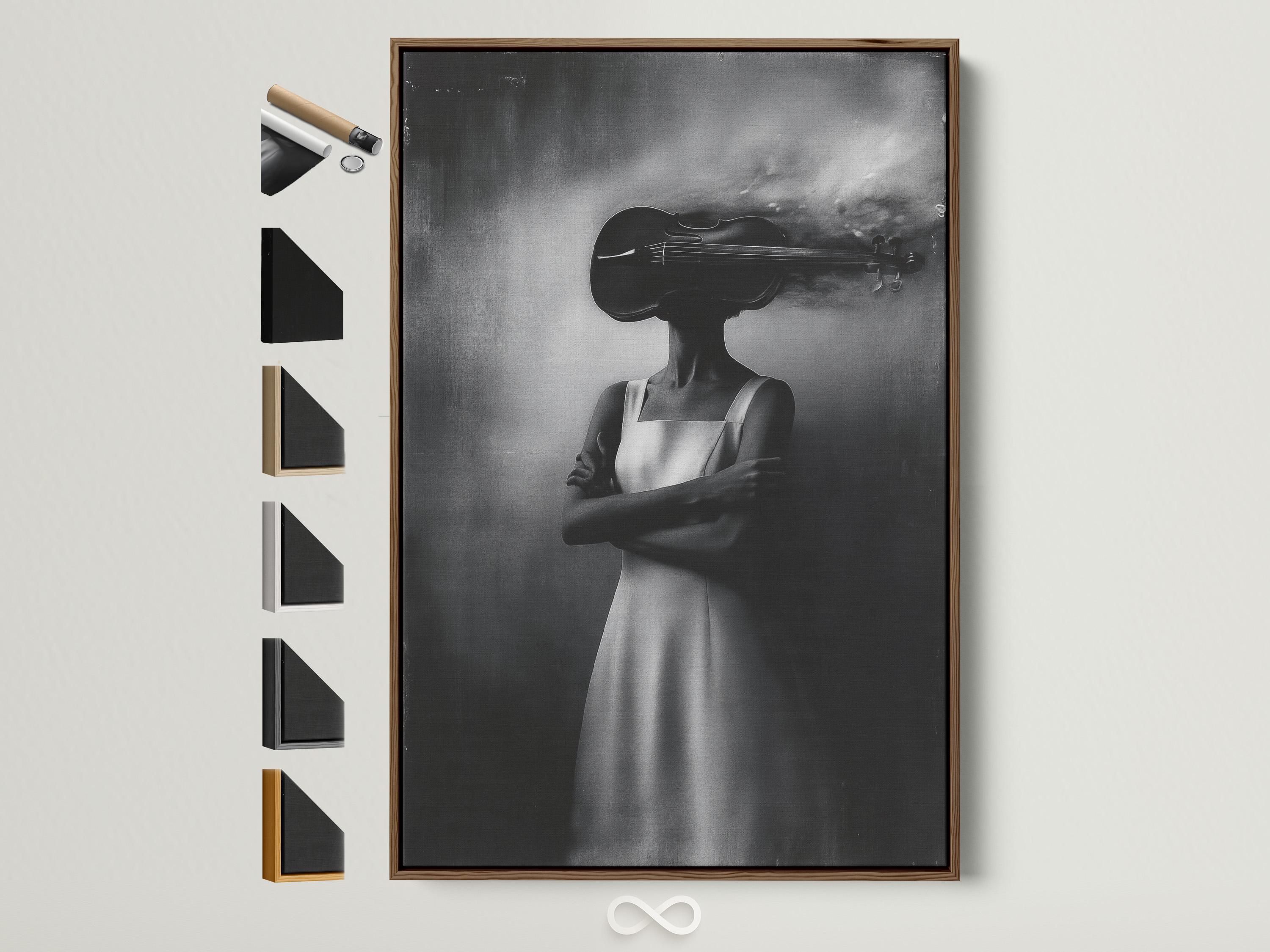 Monochrome double-exposure portrait of a woman holding a violin