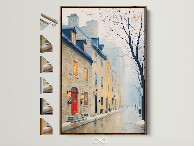 Foggy street cityscape with pale stone buildings, blue windows, a red door, street lamps and a leafless tree