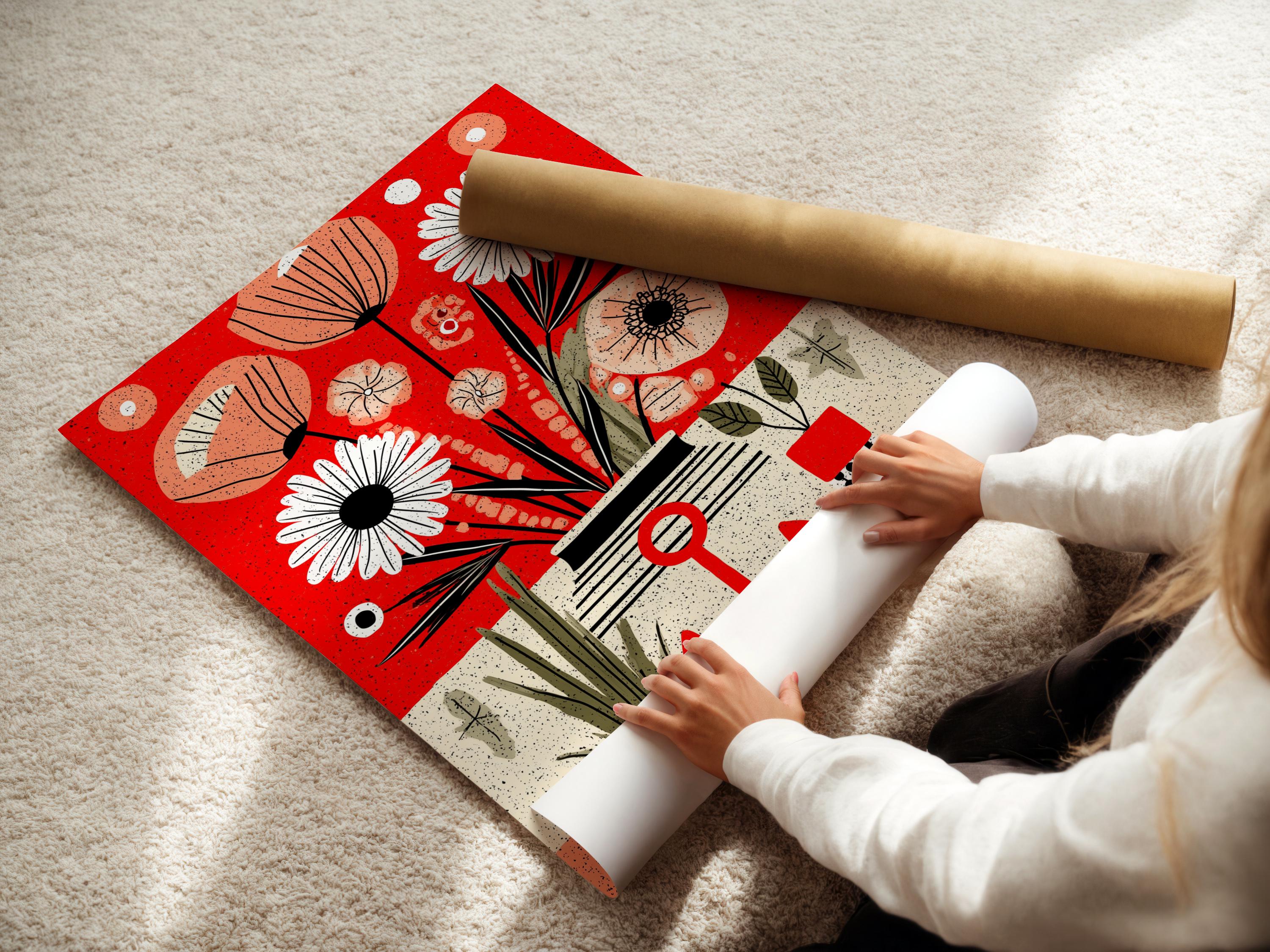 Woman looking at red anchor floral artwork in a modern room