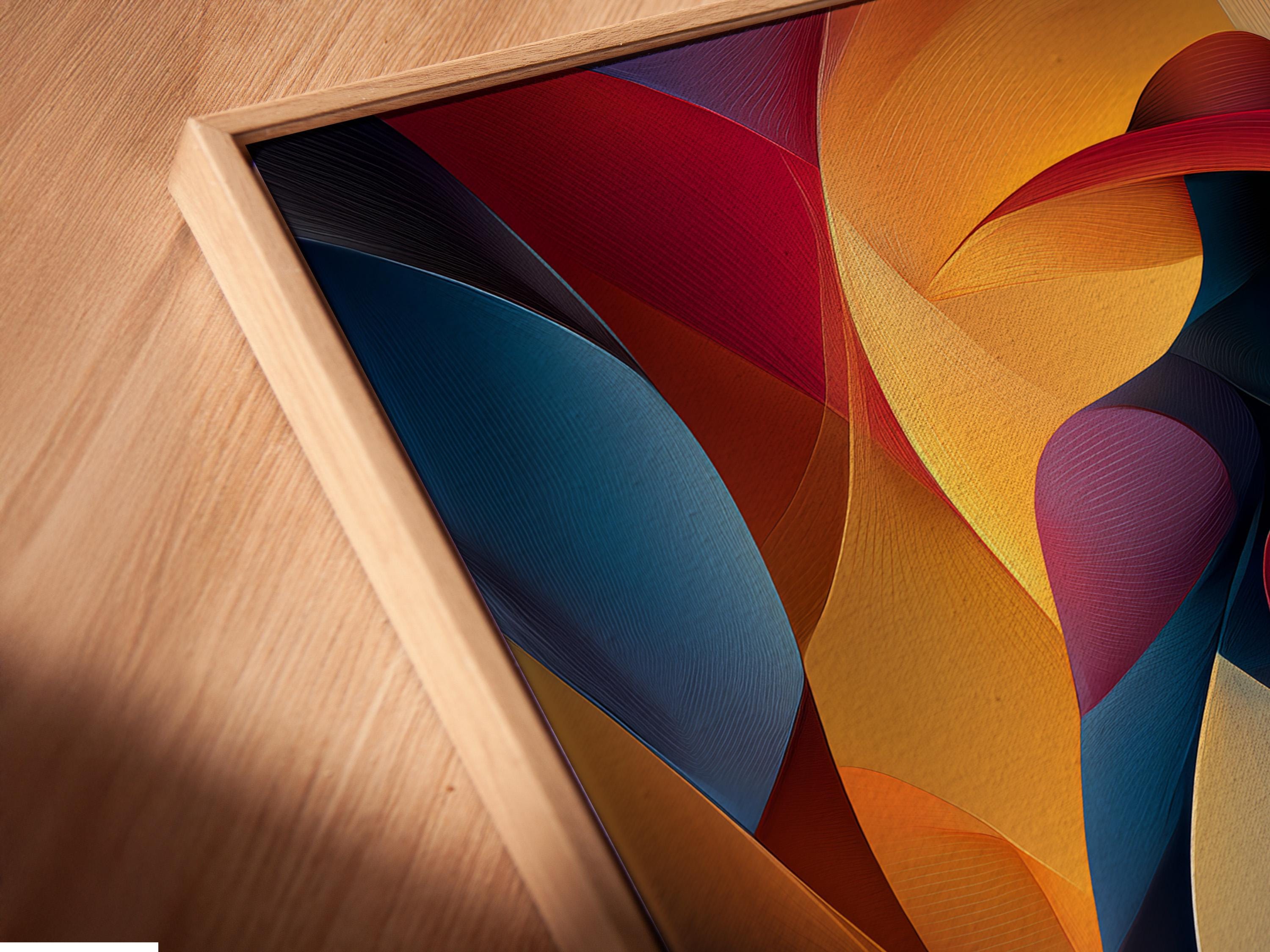Abstract woman silhouette with a red heart, ribbon-like curves, and blue, red, gold colours detail view
