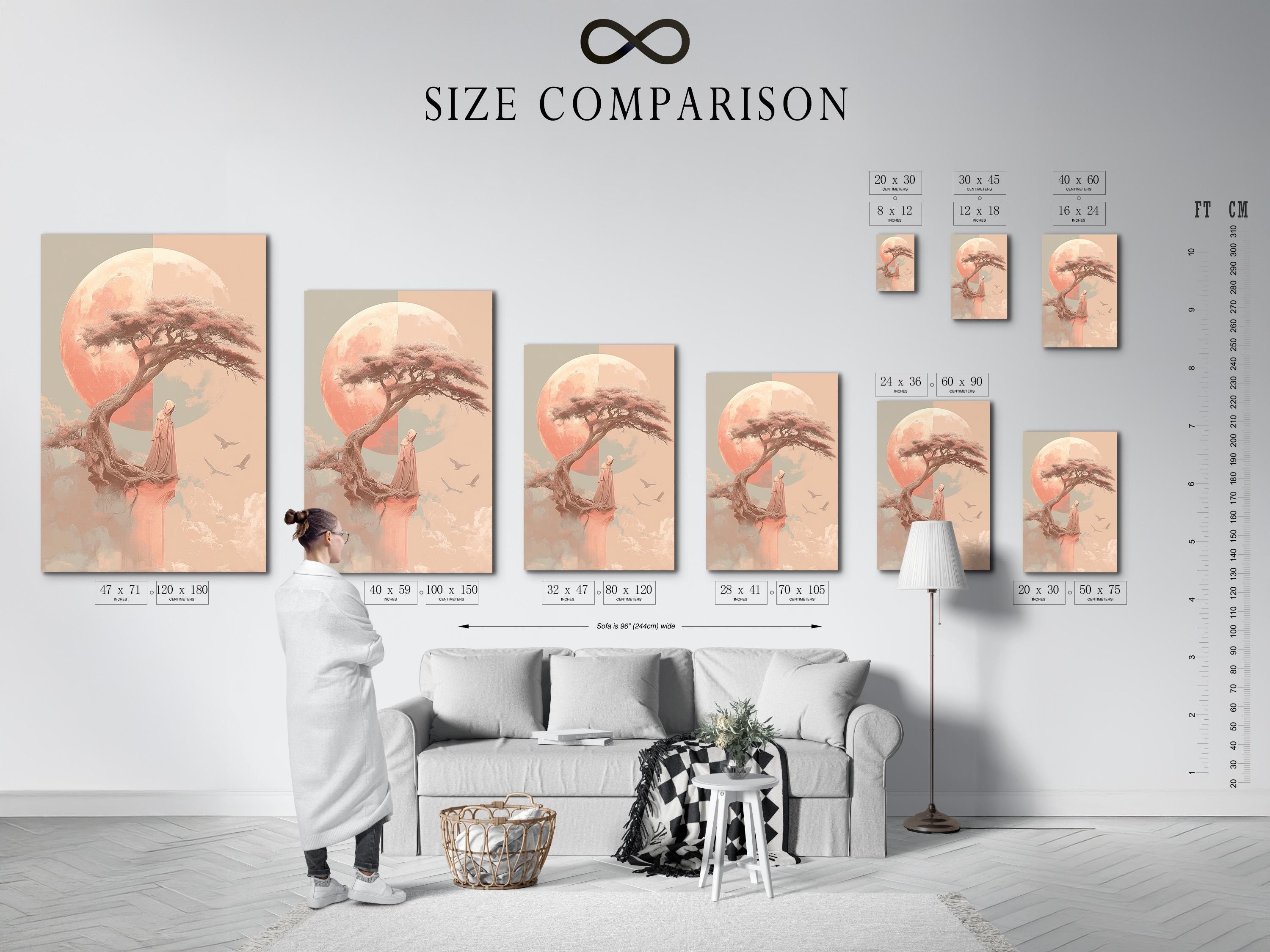 Coral pink moonlit tree with a robed figure and birds in flight detail view
