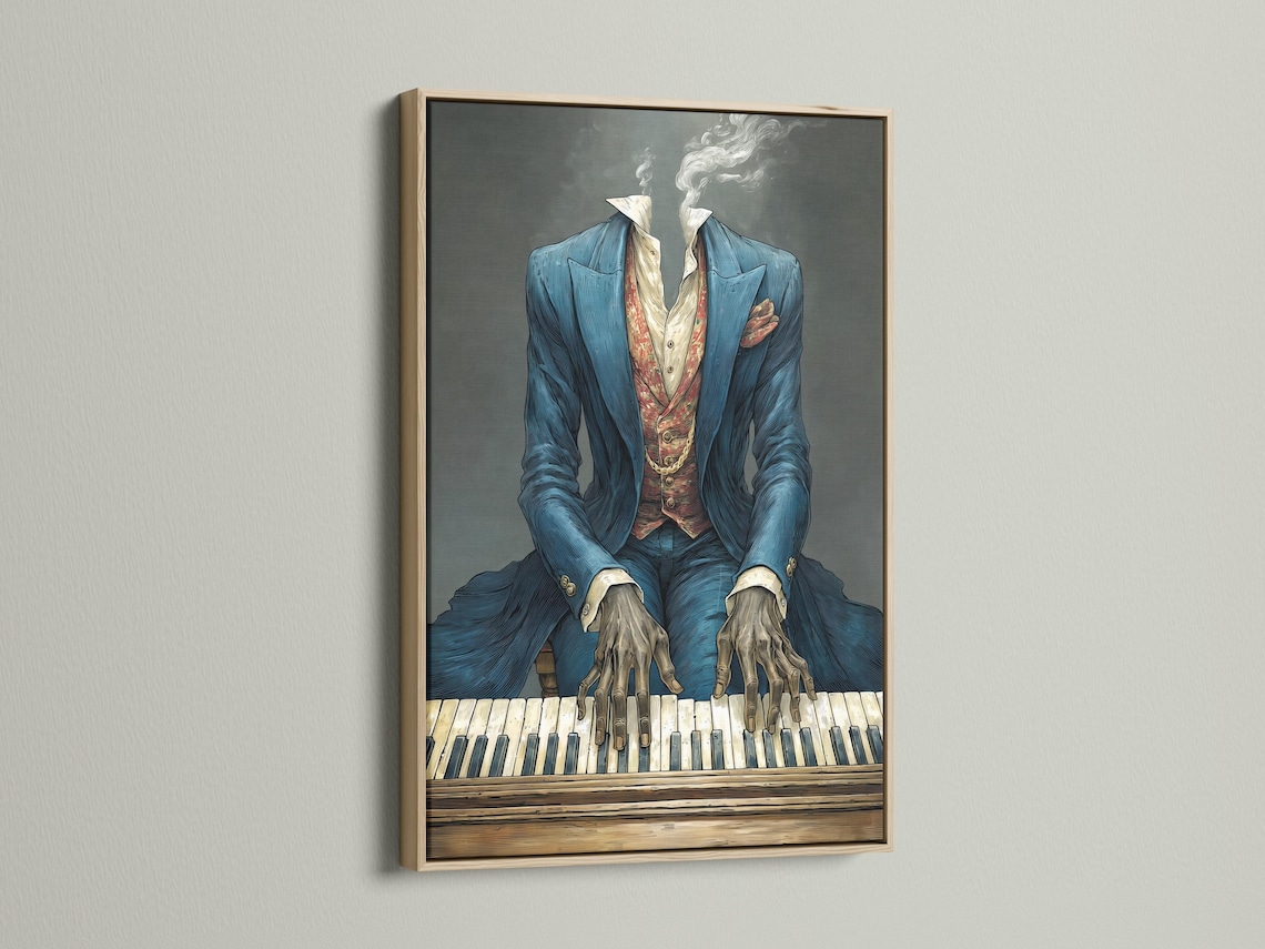 Headless pianist in a blue suit playing an illustrated piano with smoke-like curls behind detail view