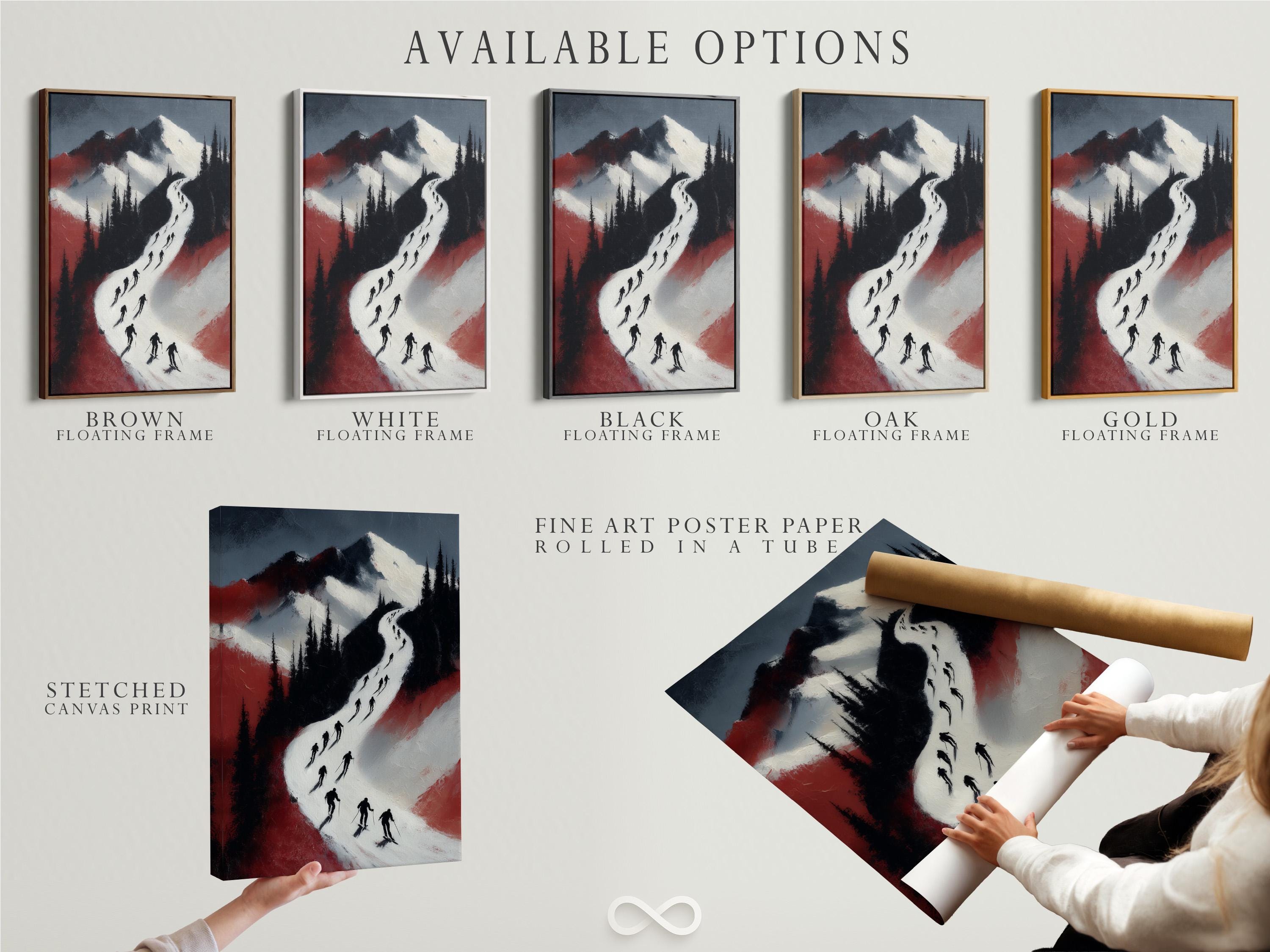 Framed winter ski wall artwork displayed against a light background with swatch frames