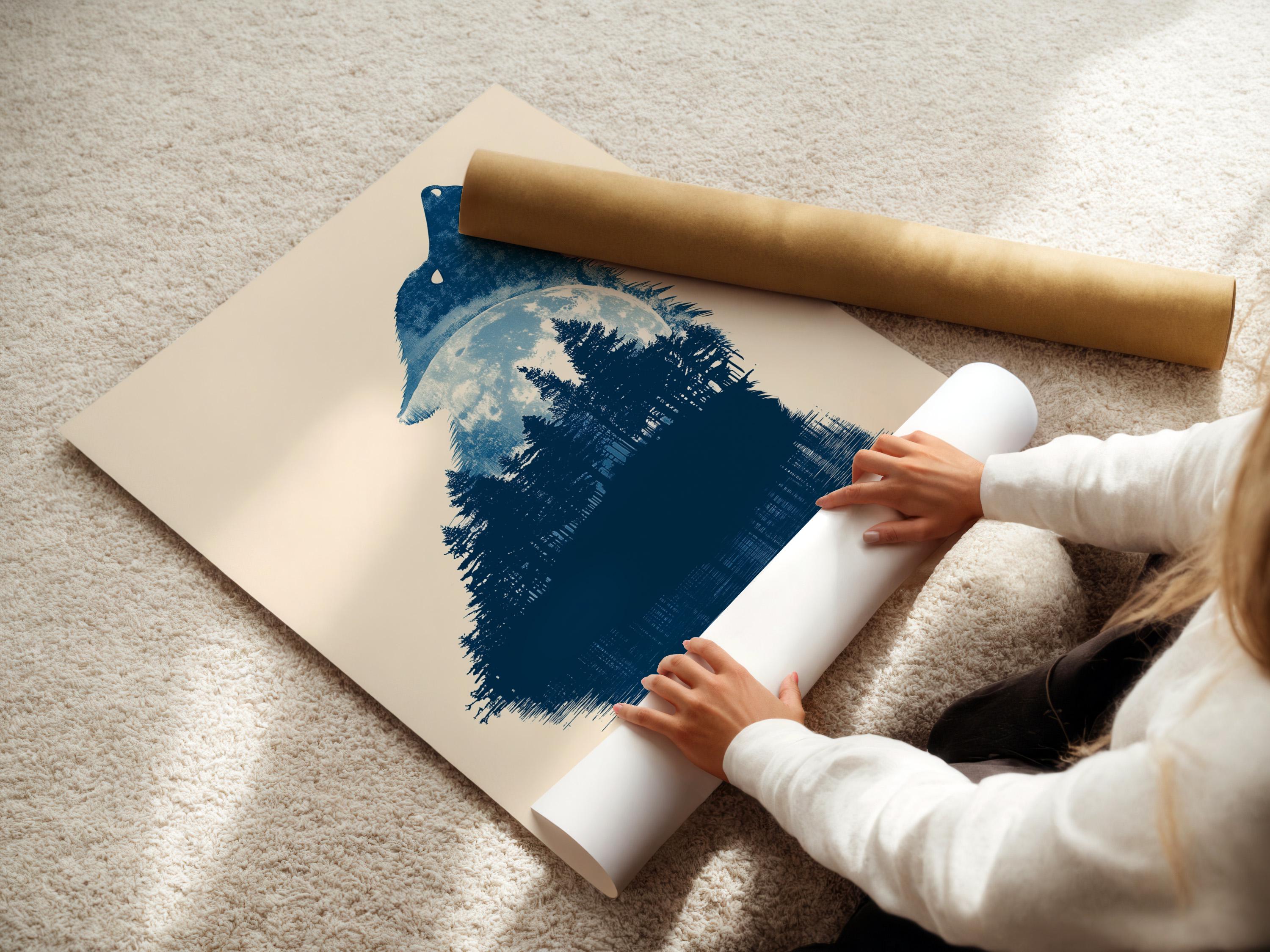 Indigo blue howling wolf silhouette filled with forest trees on a pale beige background detail view