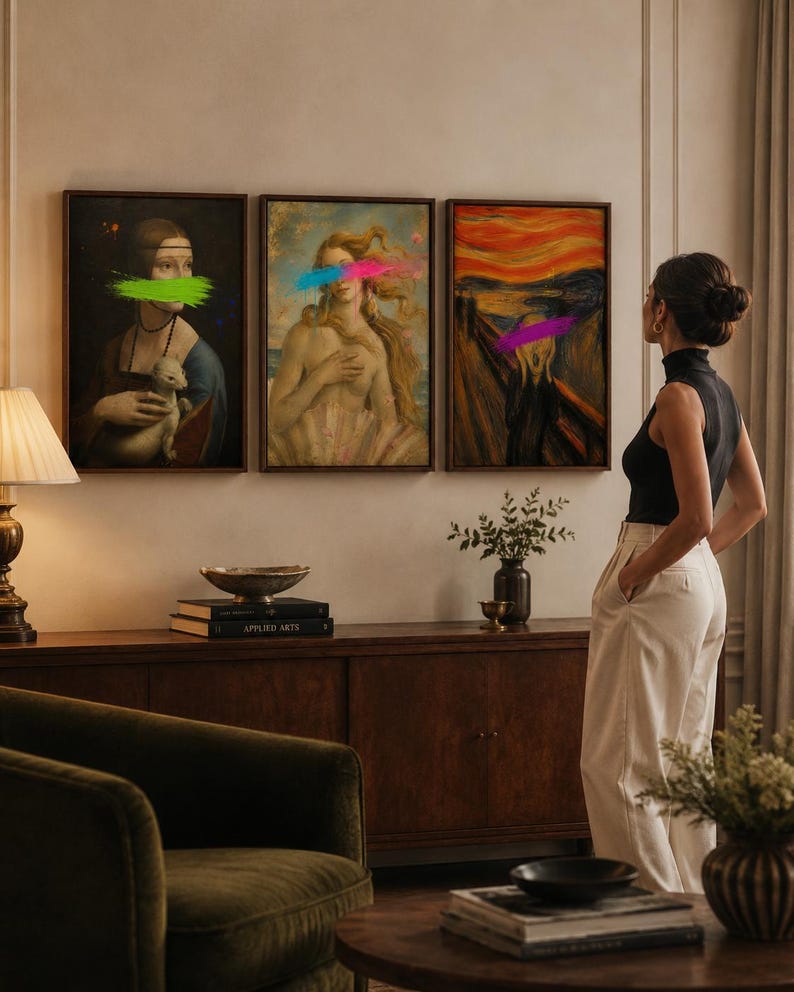 Three framed classical portrait panels with neon brushstrokes across the faces and eyes