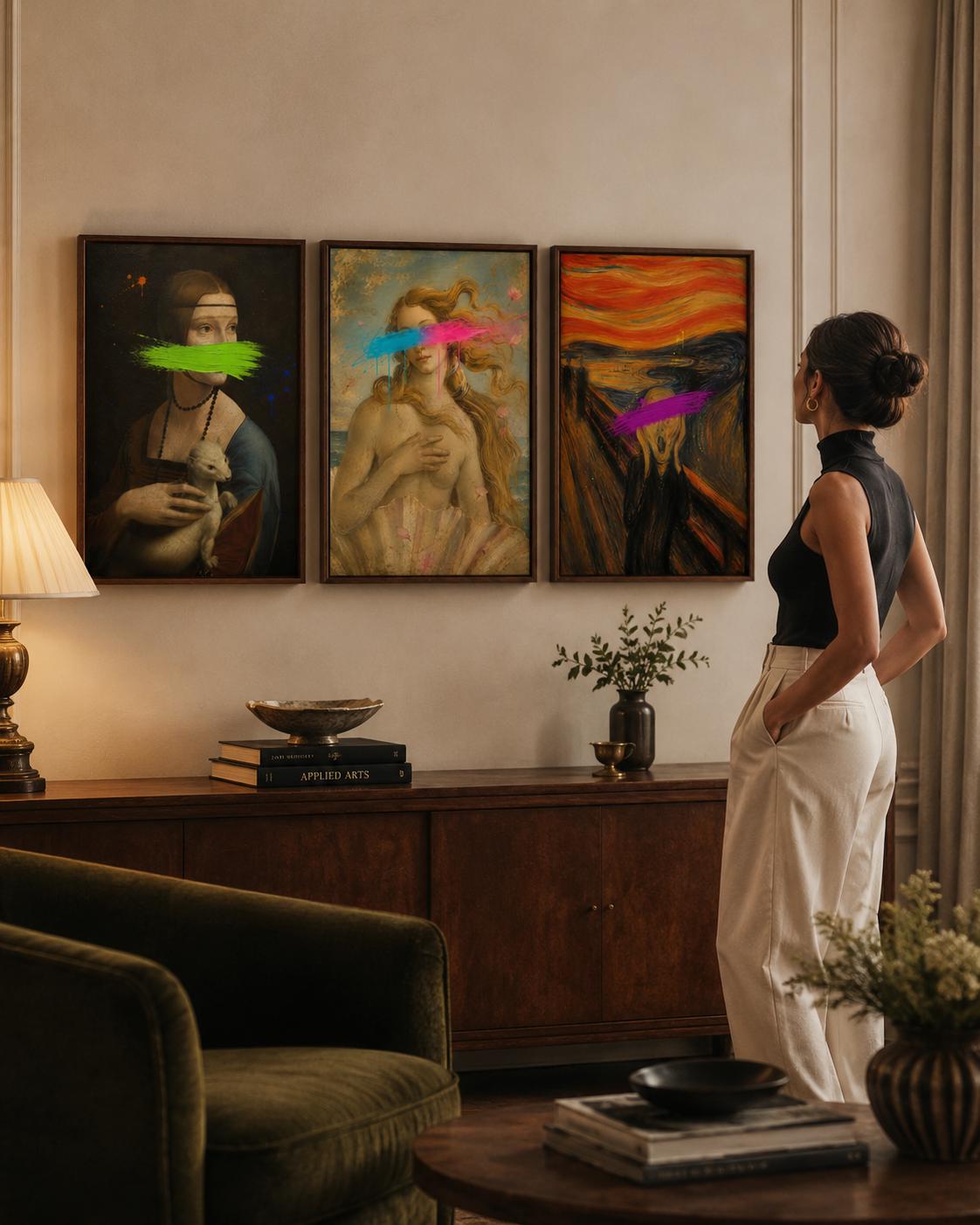 Three framed classical portrait panels with neon brushstrokes across the faces and eyes