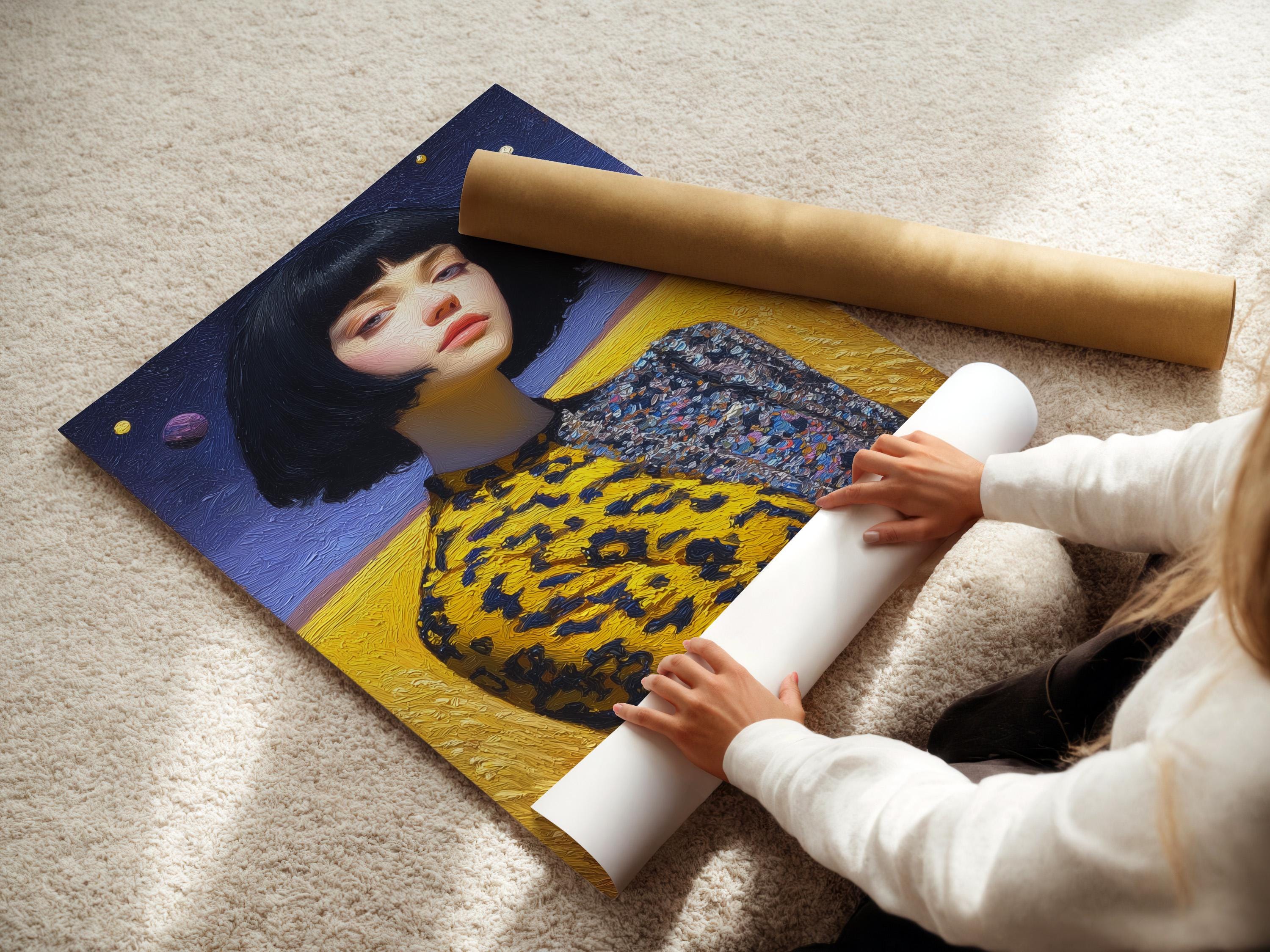 Stylised woman portrait with bob haircut against starry blue sky and golden landscape detail view