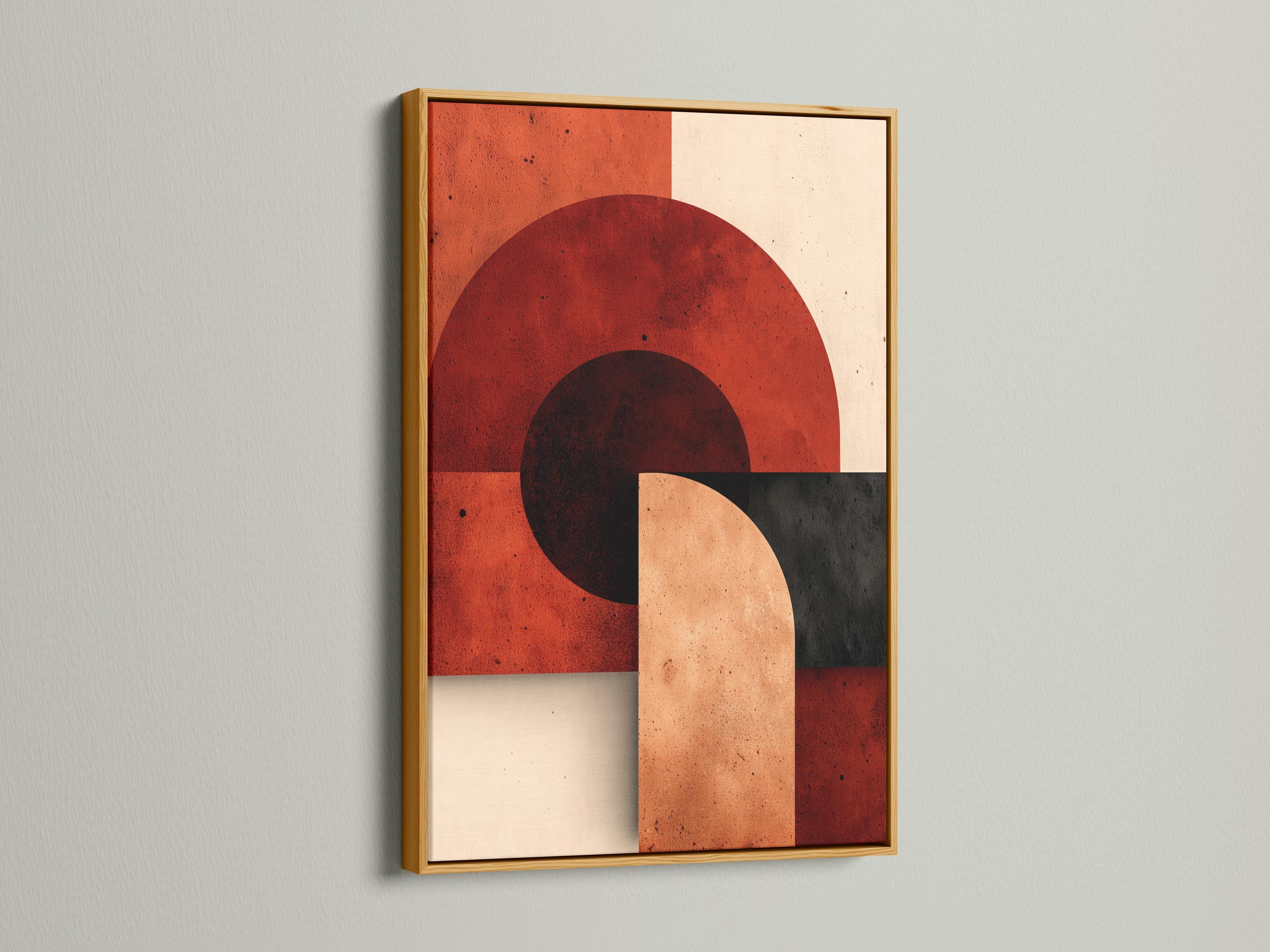 Abstract geometric artwork in a framed setup with rust red, beige and charcoal circles