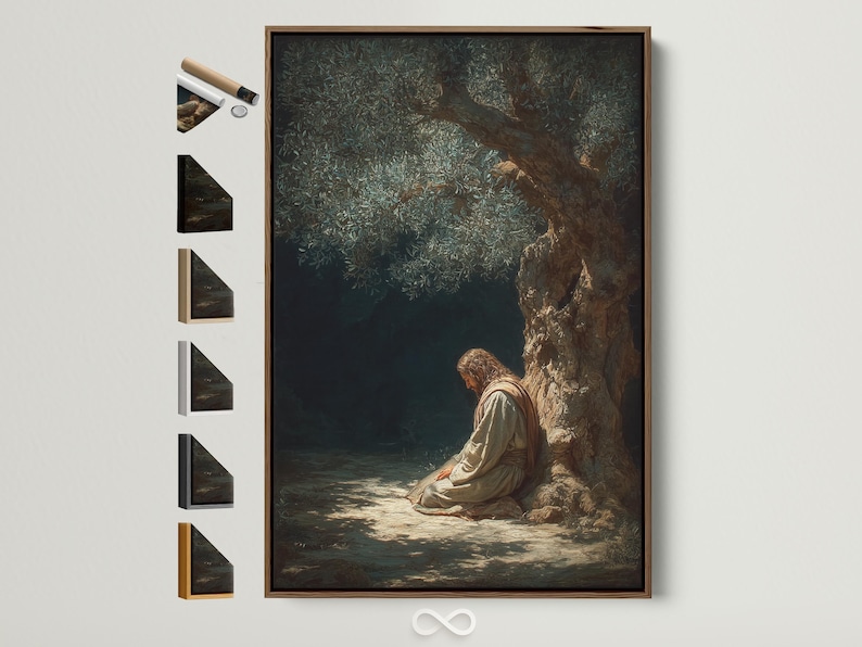 Olive tree praying figure artwork with muted greens and warm gold highlights