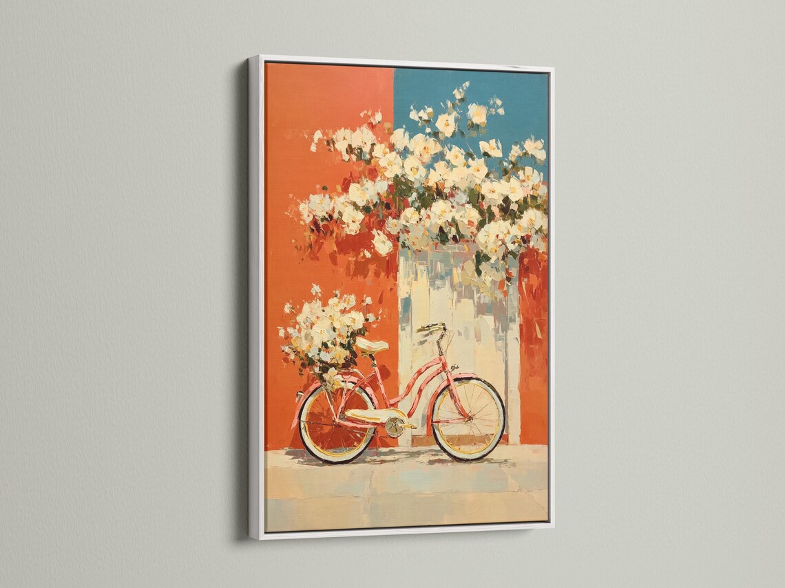 Vintage red bicycle with white blossoms on a coral and teal painterly background detail view
