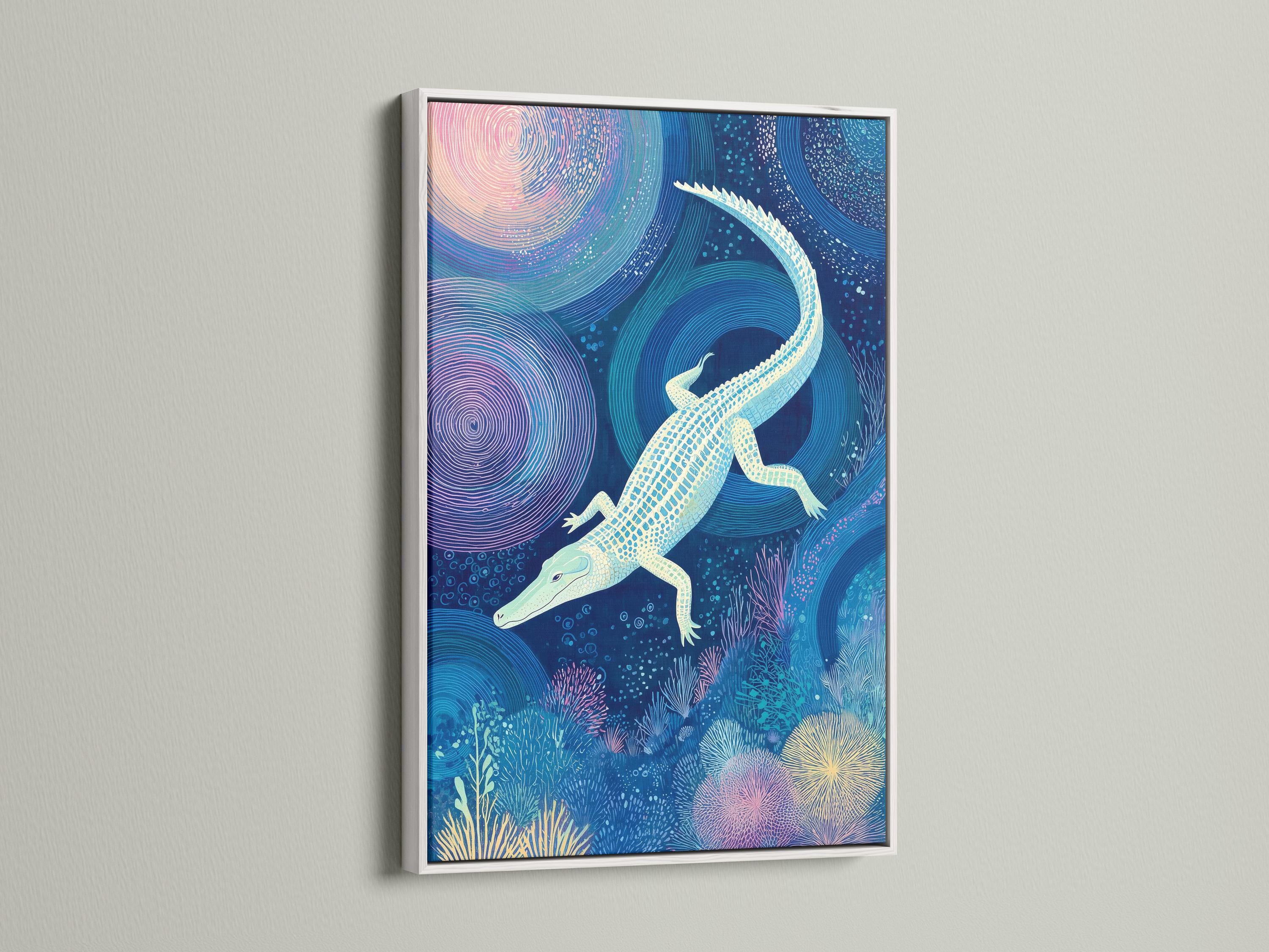 Alligator-themed underwater artwork in a brown frame shown on a wall with small packaging images around it