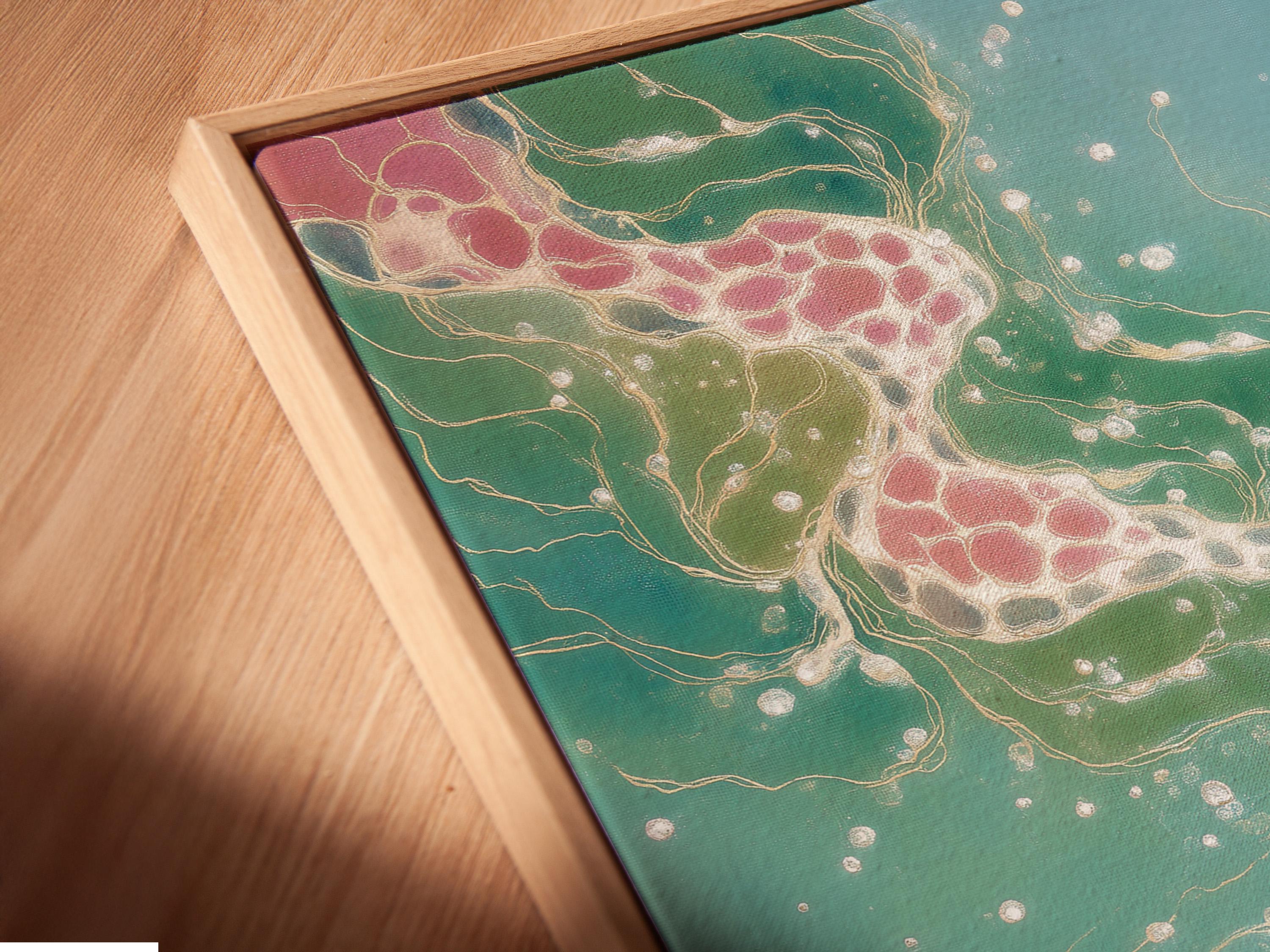 Teal abstract artwork with flowing white lines and blush pink clusters detail view