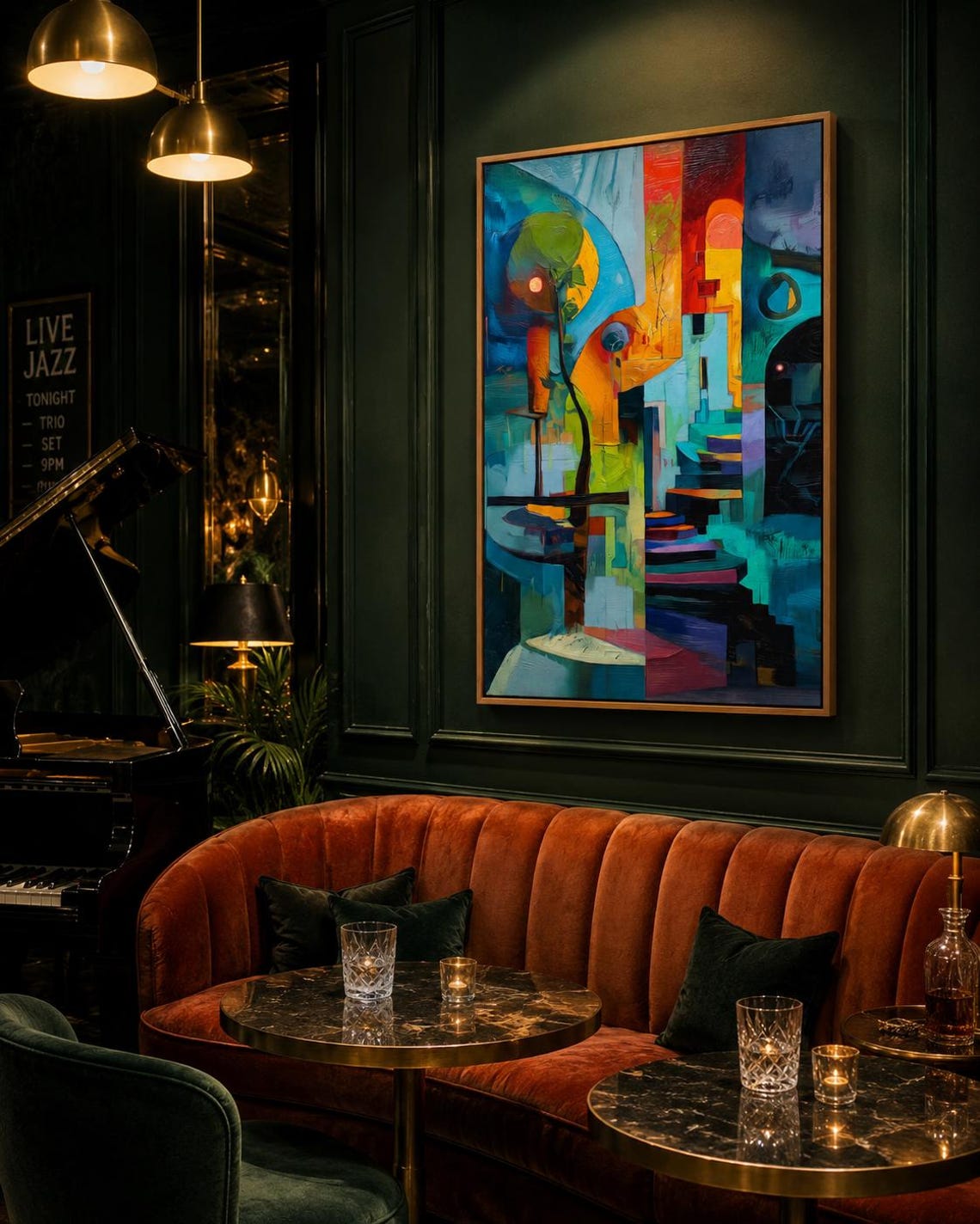 Person in yellow holding a cup standing beside a framed abstract geometric artwork