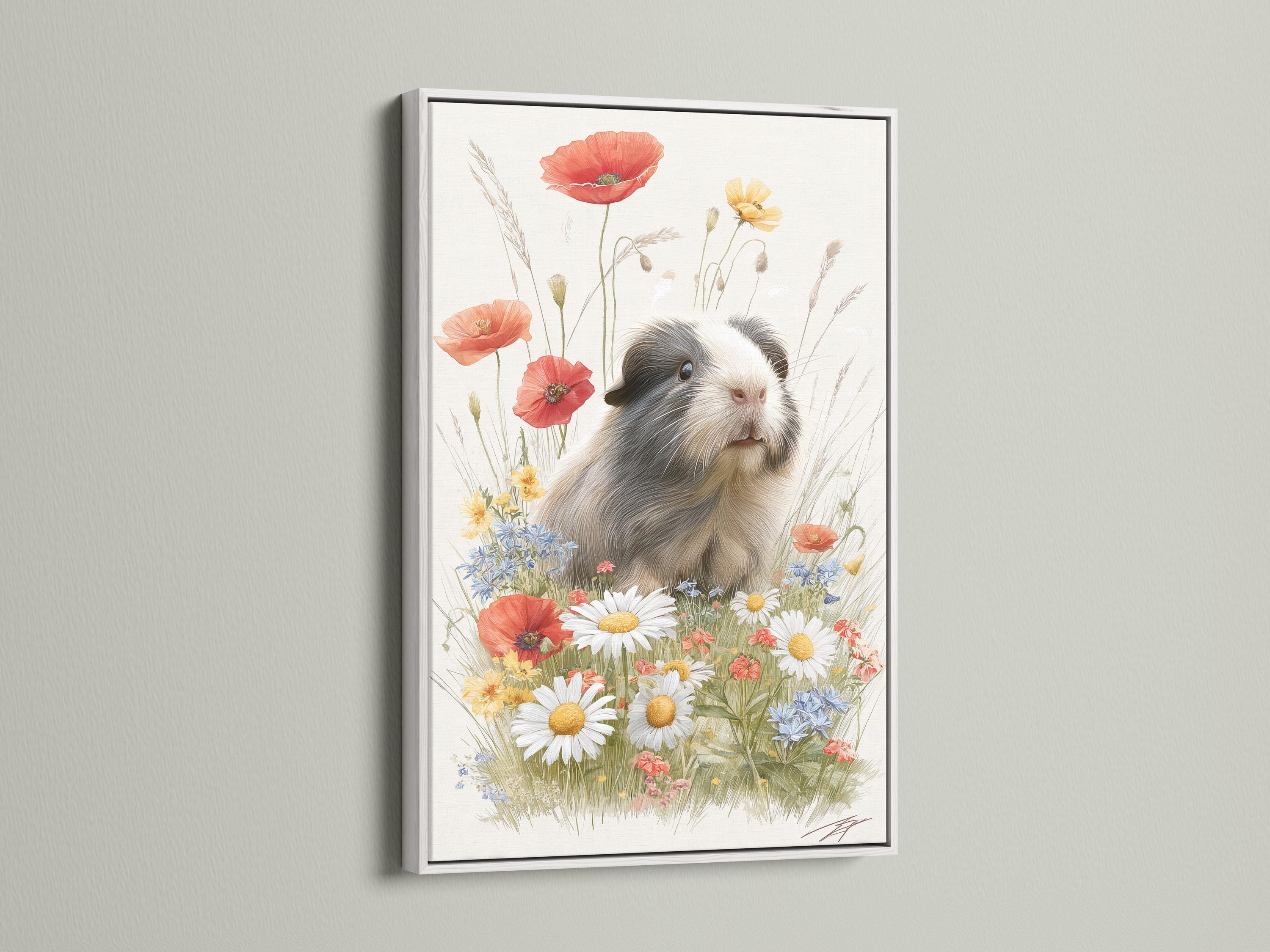 Guinea pig resting in a wildflower meadow with daisies, poppies and blue flowers detail view