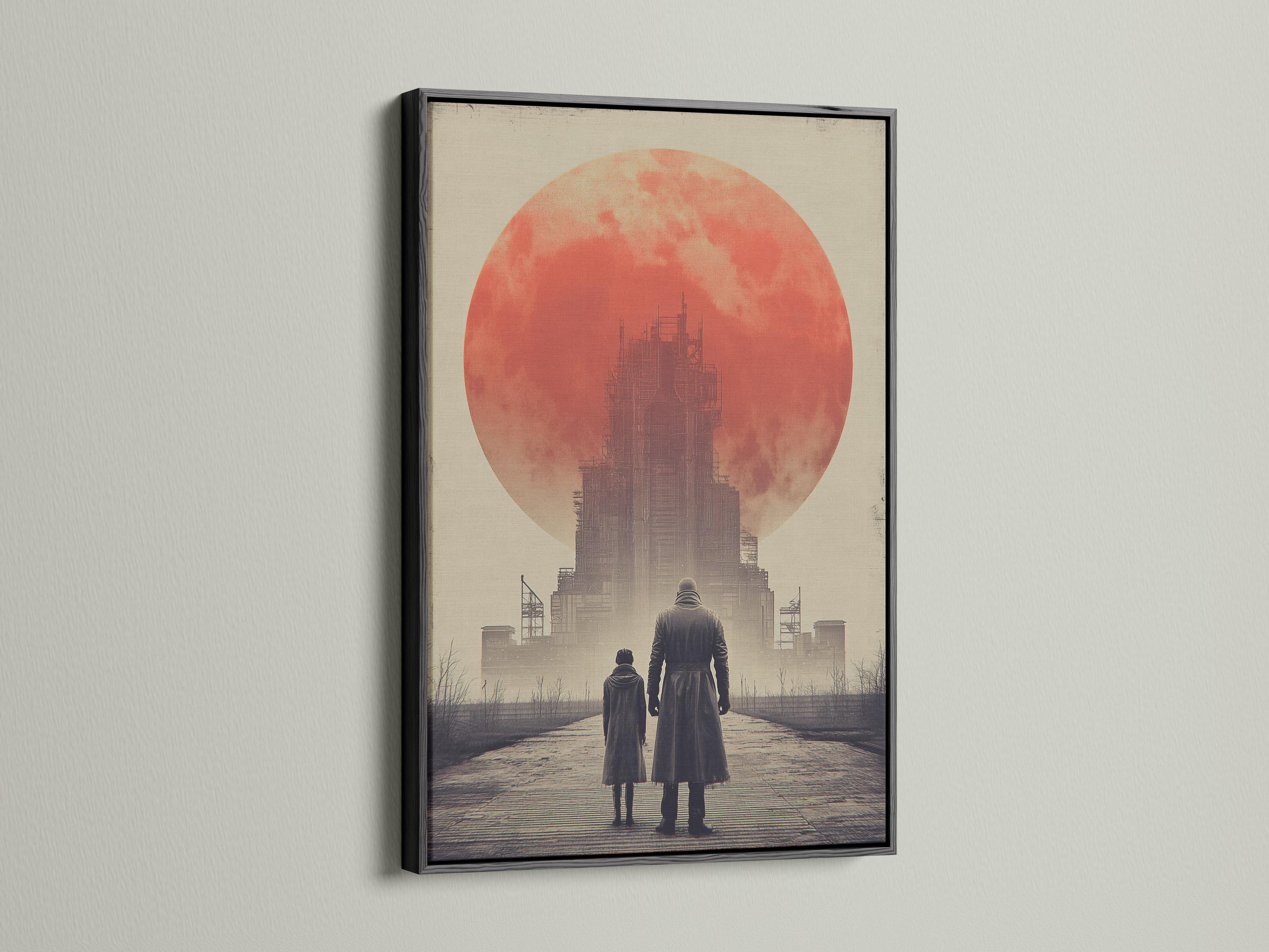 Dystopian scene of two people walking toward an industrial building under a large red sun detail view