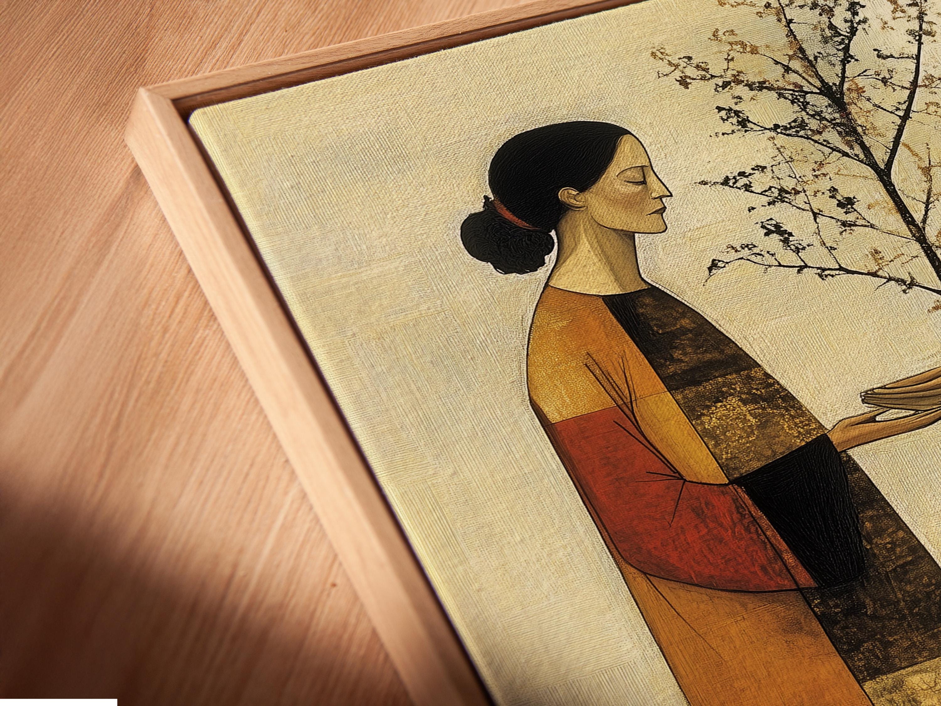 A framed artwork mockup showing a folk-art couple facing each other with a tree at the centre on a pale background