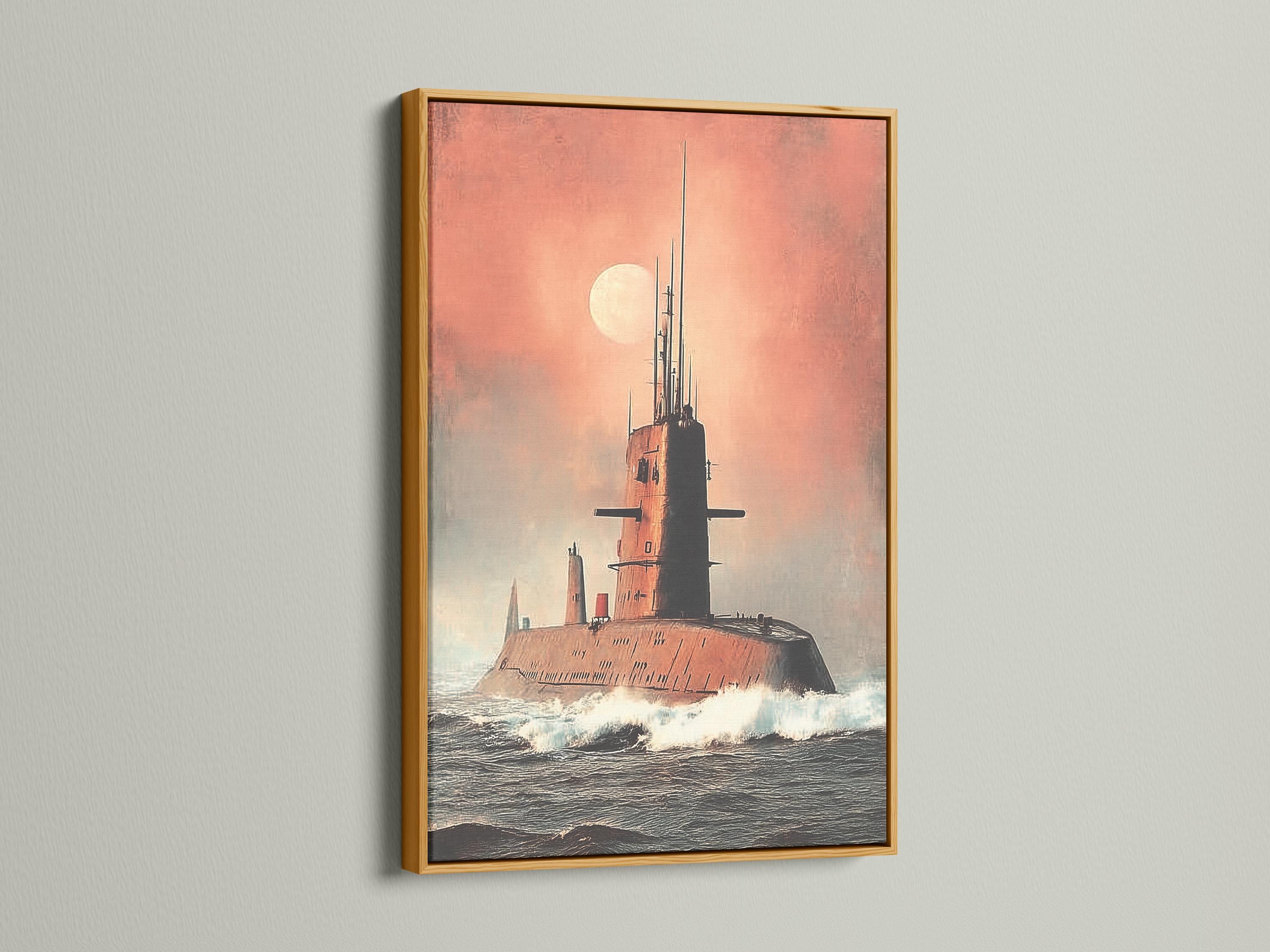 Moonlit submarine on choppy ocean waves under a dusty pink sky detail view