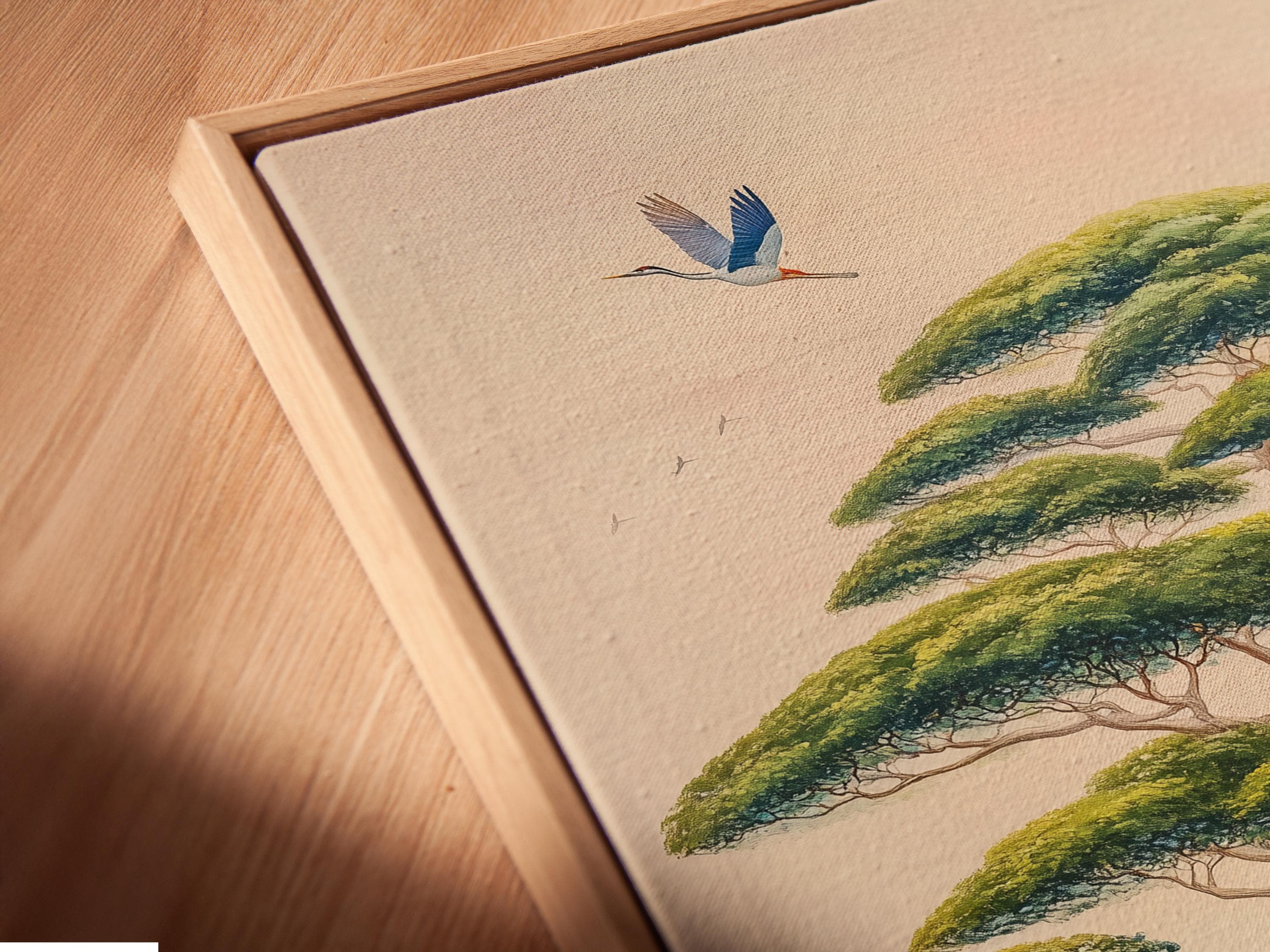 Bonsai-style tree house with blue birds flying over a misty landscape detail view