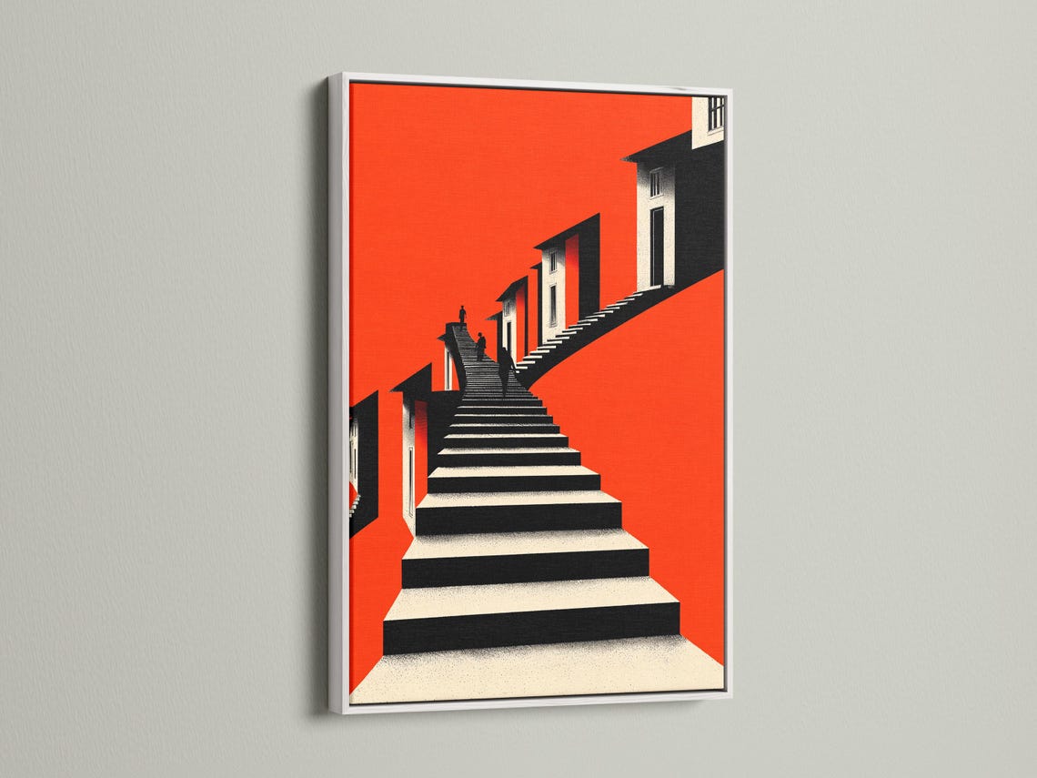 Room mockup showing a red and black geometric staircase artwork with inset views